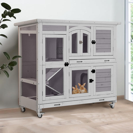 GUTINNEEN Large Rabbit Hutch Indoor with Chew-Proof Ramp, 47" Wooden Bunny Cage Guinea Pig Cages with Casters, Leak-Resistant Trays for Rabbits, Guinea Pigs, Small Animals