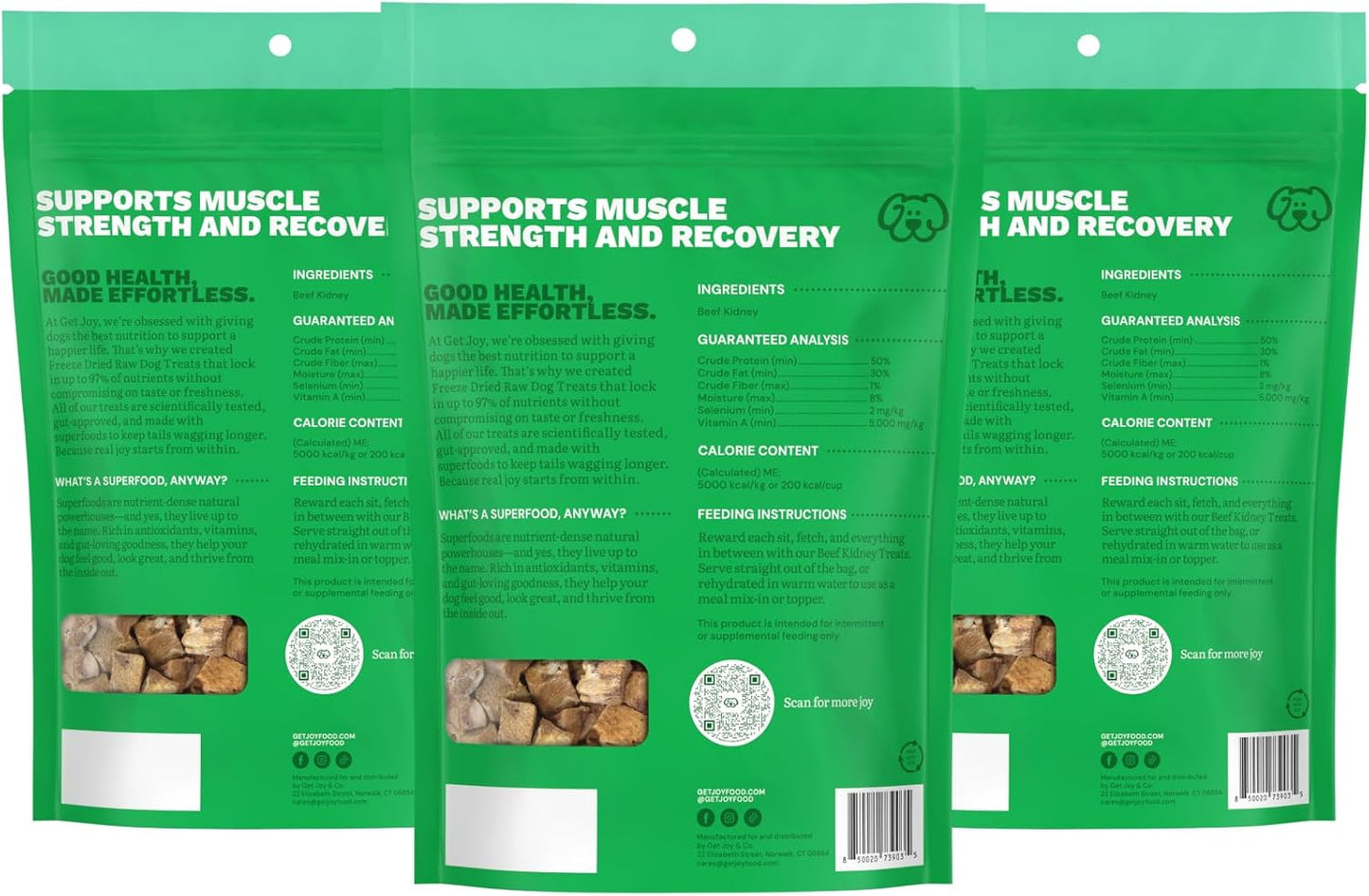 Get Joy Freeze Dried Superfood 100% Beef Kidney Dog Treats, 4 Ounce Bag (Pack of 3), Single Ingredient Organ Meat, High Protein, Immune Health, Muscle Repair, Grain Free, Gluten Free, Made in USA