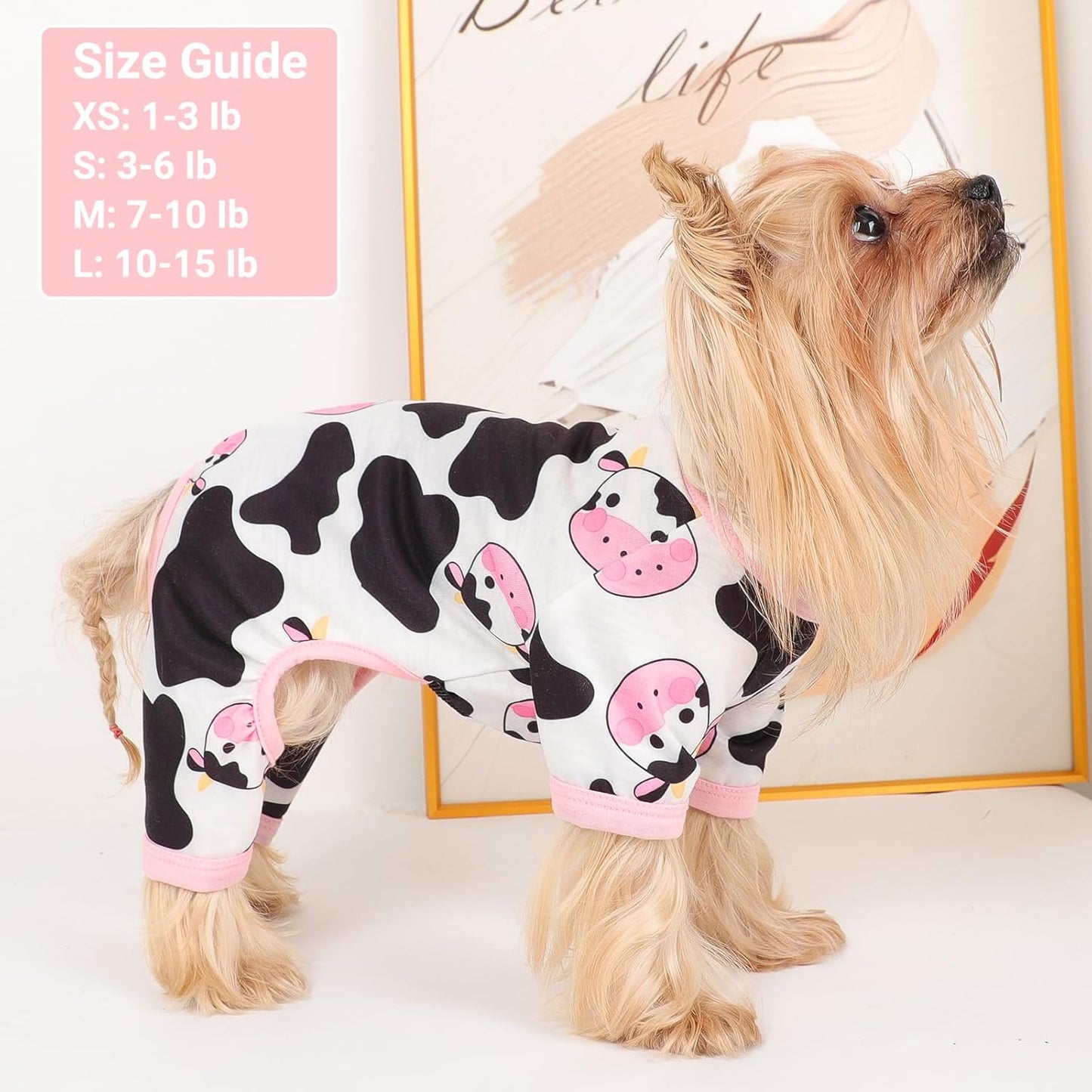 Dog Pajamas Small Sized Dogs Stretchable Summer Dog Clothes Pjs 4 Legs Girl Boy Cute Soft Puppy Outfits Doggie Cat Jammies Jumpsuit Sleeper for Pet, Pink Cow, L