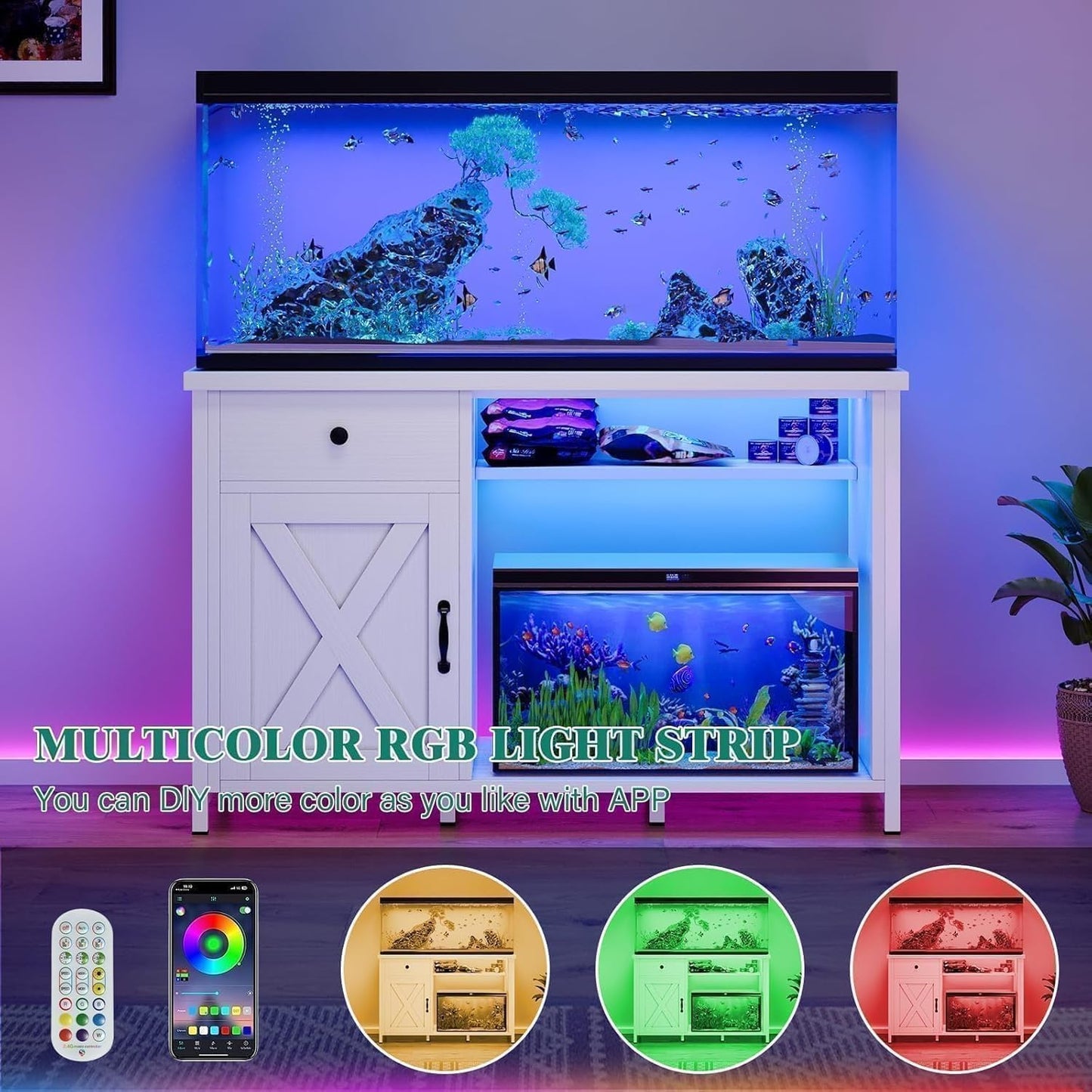 55 Gallon Fish Tank Stand with LED Light & Power Outlets, 55-75 Gallon Aquarium Stand with Drawer & Barn Door, 50" L x 20" W Cabinet for 2 Fish Tank Accessories Storage, Turtle Tank, Antique White