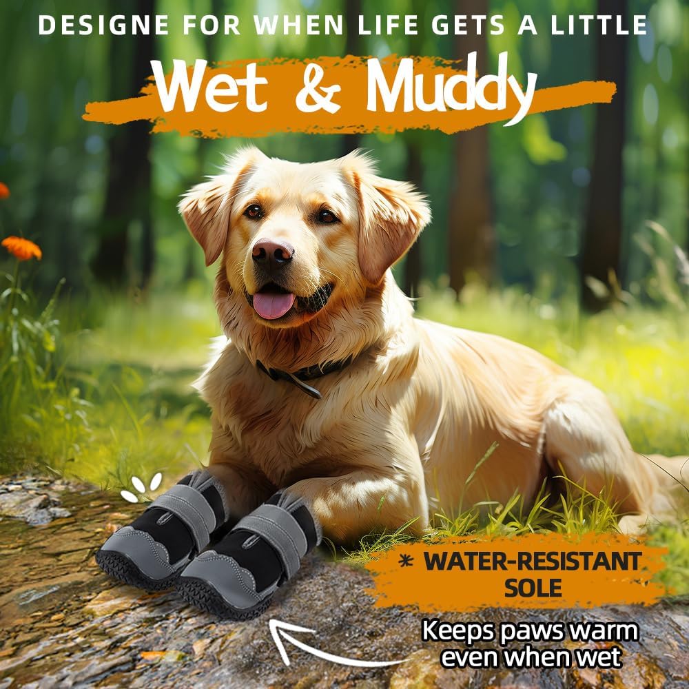 Dog Shoes for Large Dogs, Medium Dog Boots & Paw Protectors for Hardwood Floors, Outdoor Dog Booties for Hot Pavement Winter Snow Hiking, Waterproof Dog Shoes with Reflective Strips Size 4