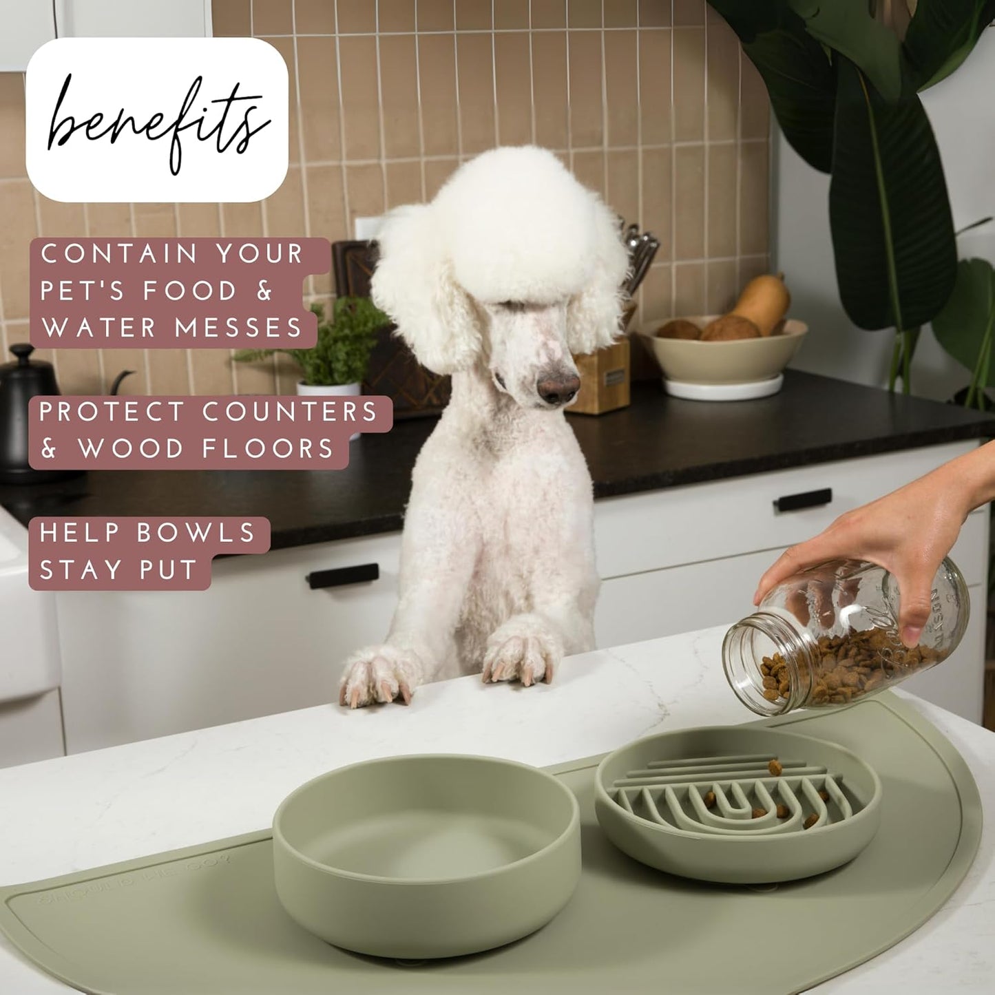 Waterproof Silicone Pet Food Mat - Non-Slip, Spill-Proof Feeding Mats for Floors, Raised Edge Design, Easy-to-Clean, Rubber Mat for Dog & Cat Bowls, 28" Across x 14" Deep, Large-Spruce