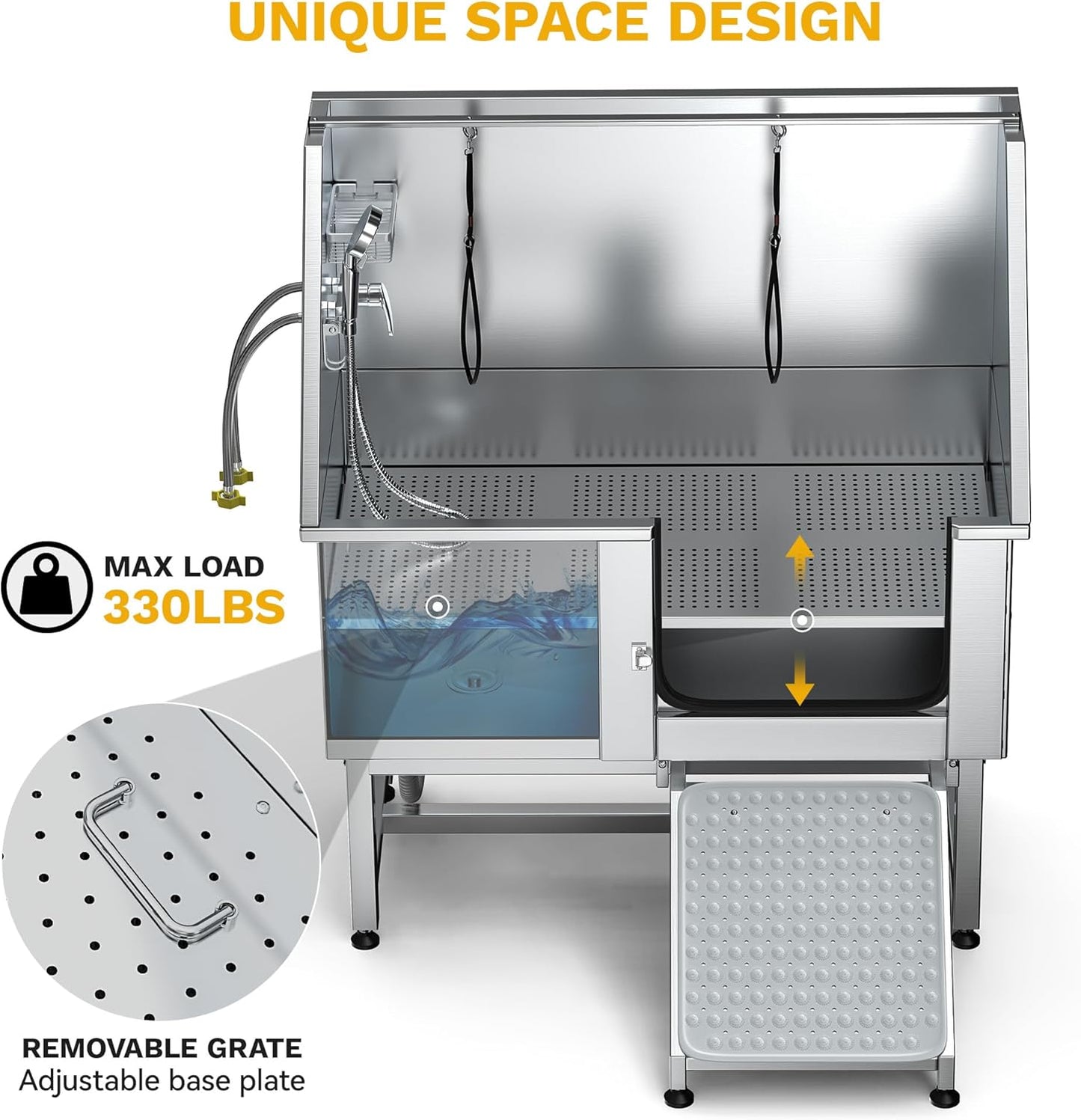 DWVO Professional Pet Dog Bathing Station for Grooming, 50'' Dog Grooming Bathtub with Right Ramp, Floor Grate, Faucet, Showerhead & Soap Holder for Large, Medium & Small Pets