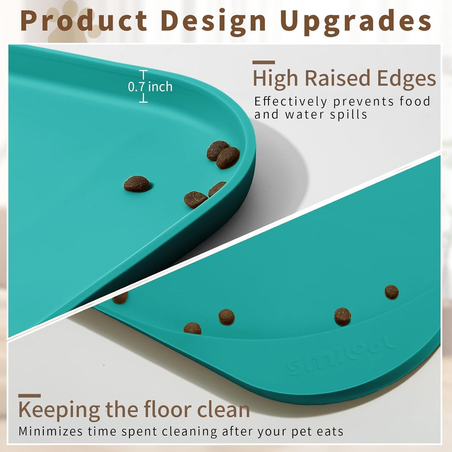 Silicone Pet Feeding Mat with Raised Edge & Residue Collection Pocket for Food and Water, Dog Bowl Mats, Cat Bowls Placemat with High Lip for Floor Waterproof, 19 x 12 x 0.7 Dark Turquoise