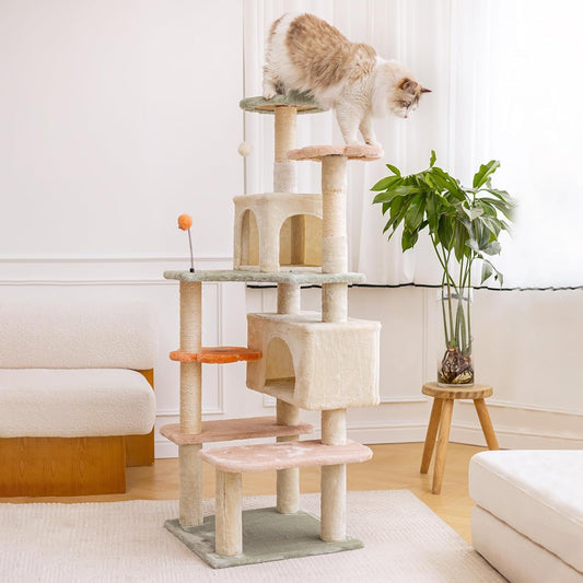 HYABi 59 Inch Flower Cat Tree Tower - Multi-Level Cat Condo with Plush Scratching Posts, Toy Balls, and Pet House, Indoor Play Platform for Large Adult Cats, Stylish Color Design