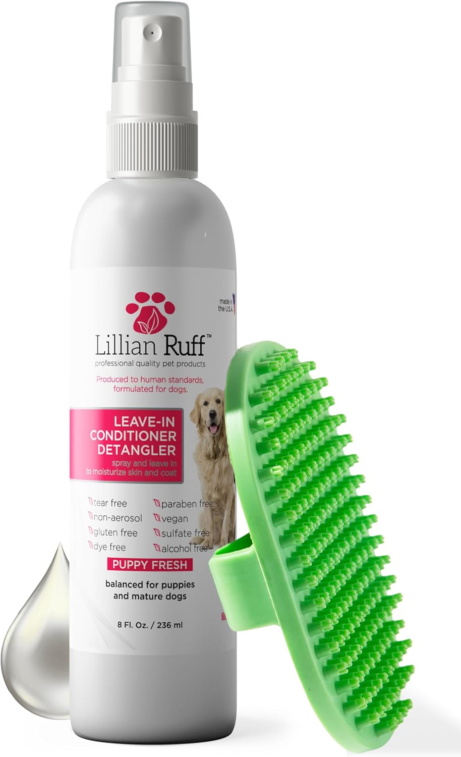 Lillian Ruff Leave-in Dog Conditioner & Detangler Spray - pH Balanced After-Bath No Rinse Dog Conditioning Spray - Silky Shine Spray for Dry Skin, Itch Relief, Detangling & Dematting (8oz/Brush)