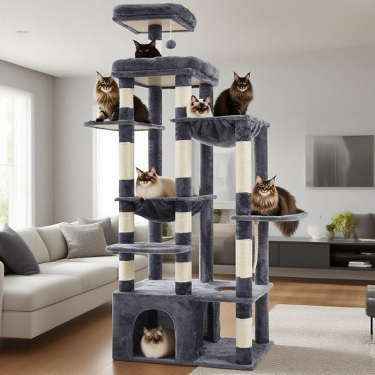 Heybly Heavy Duty Cat Tree, 71-Inch Tall Tower for Large Maine Coon with Extra-Large Baseboard, Cat Condo Furniture with Multi-Level Platforms, 2 Hammocks and 12 Scratching Posts, Smoky Gray HCT037G