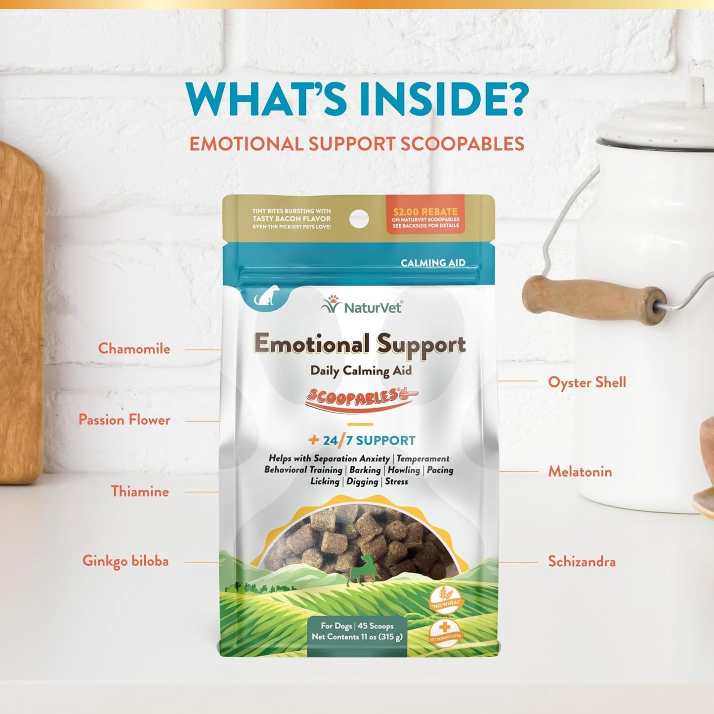 NaturVet Scoopables Emotional Support for Dogs - Daily Calming Aid Promotes 24/7 Normal, Calm Behavior - Hickory Smoked Bacon Flavored | 11oz Bag