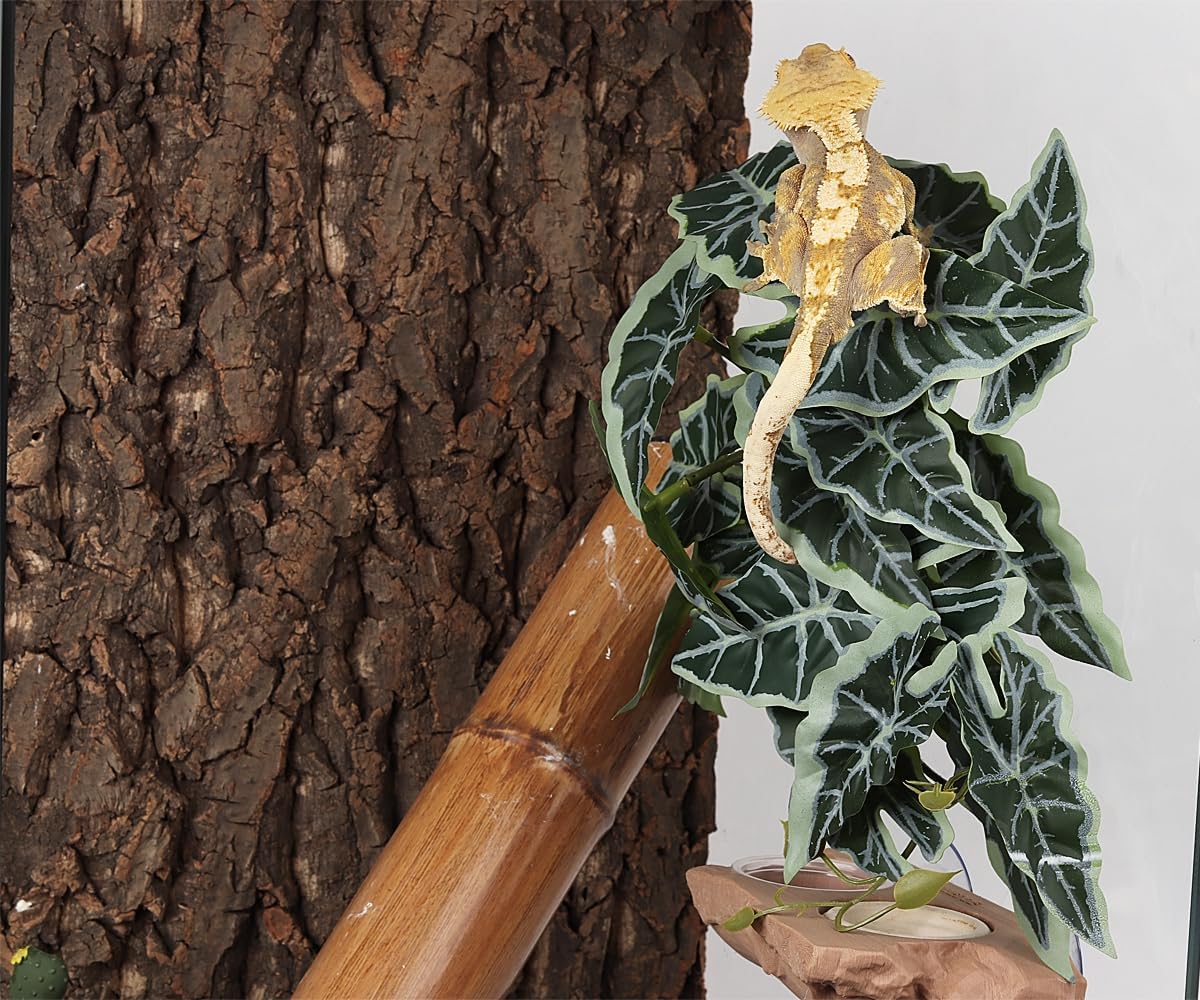 Reptile Plants for Terrarium, Amphibian Habitat Decor Artificial Hanging Plants with Suction Cup - Fake Alocasia Black Velvet