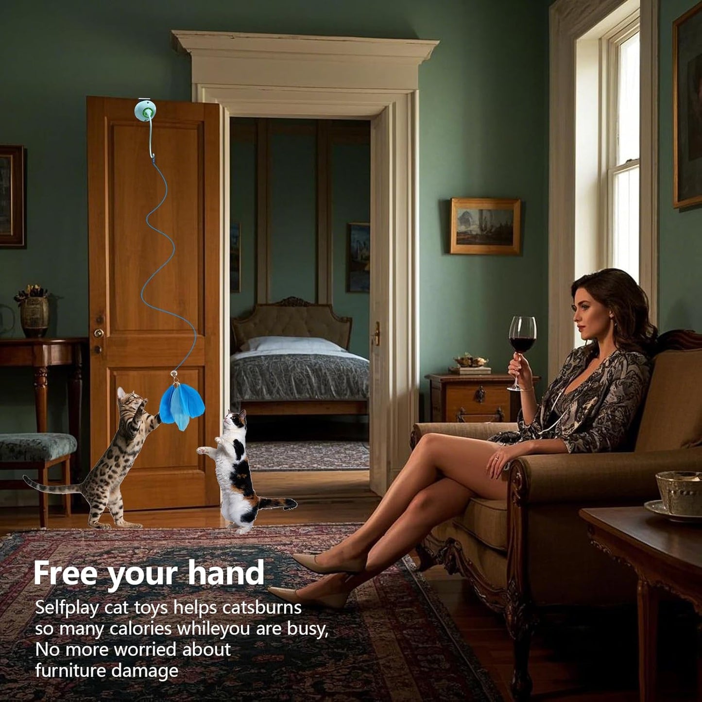 Cat Toys Interactive for Indoor, Cats Toy Hanging Door Electric for Bored,Feathers Toy Kitten Rechargeable Door Hanging Automatic String with 4pcs Feathers Toys(Blue)