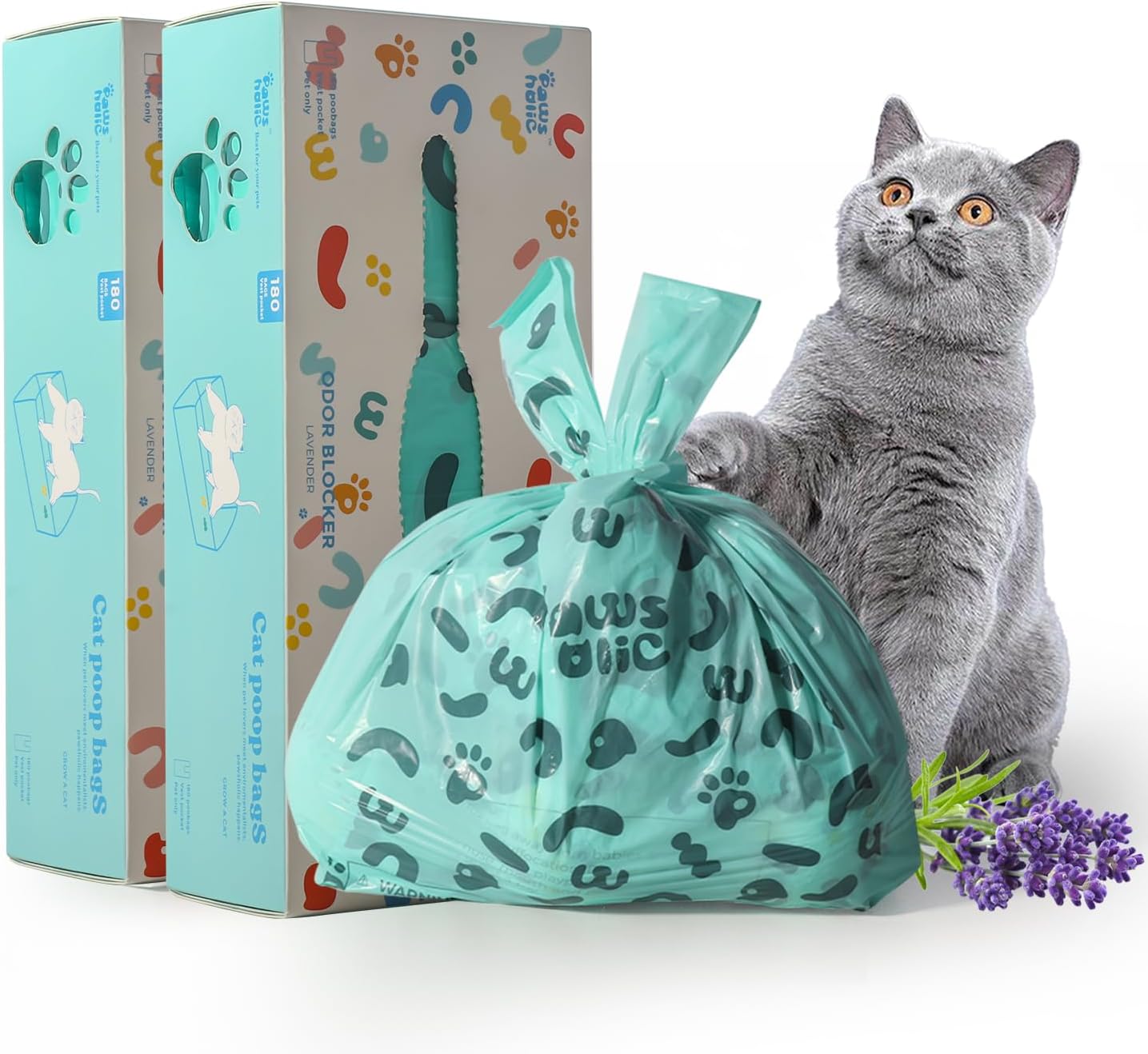 Cat Litter Bags Biodegradable 100% Leak-Proof Cat Poop Bags with Handle, 360 Counts, Cornstarch Based Extra Thick, Easy Tie Pet Waste Pick Up Bag (Lavender Scented)