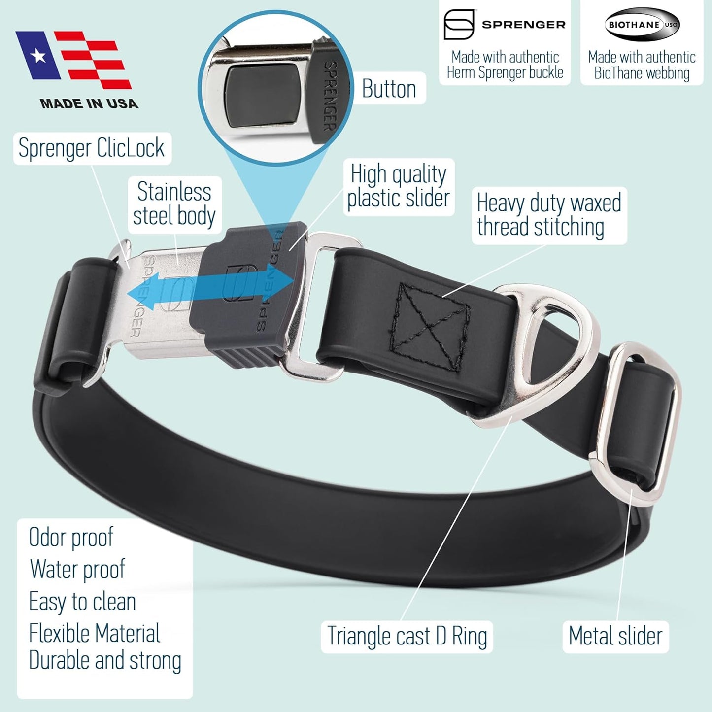 Dogline Biothane Waterproof Dog Collar with Herm Sprenger Black Stainless Steel Quick Release Buckle – Heavy Duty Tactical Durable Collar for Dogs – Comfortable and Safe Pet Collar W 1" L 15-25" Black