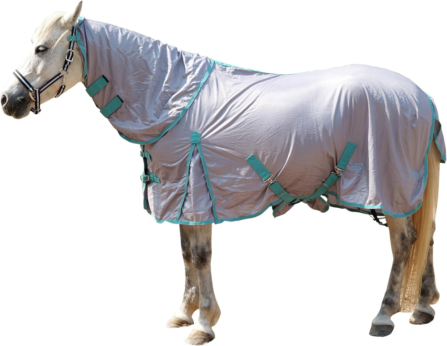 Horse Fly Sheet with Detachable Neck Cover & Belly Wrap, Adjustable Fly Sheet for Horses, Ventilated Airflow Mesh Equine Cooling Summer Flysheet Grey 81