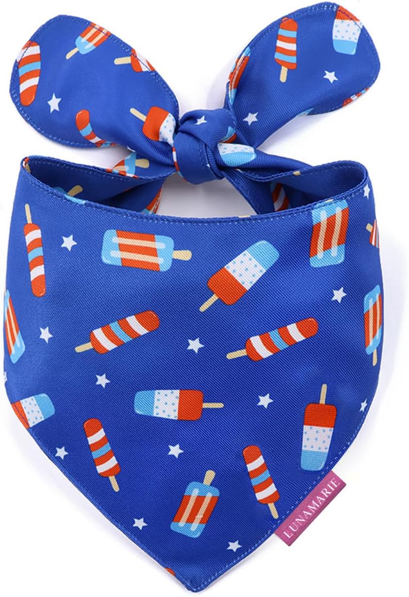 LunaMarie - Luxury Pet Birthday Bandanas -Premium & Silky Poly Fabric | 100% Handmade | Custom Shape Dual Layered (4th of July, Medium)