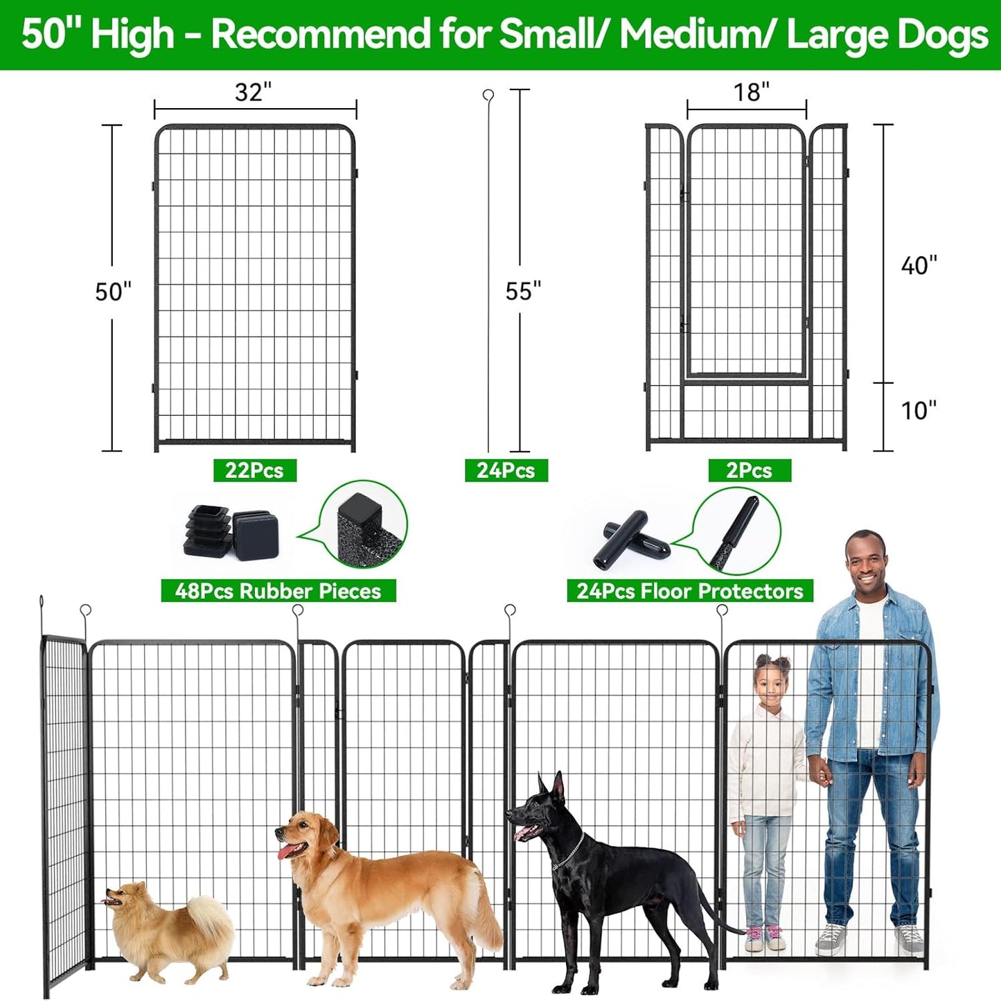 Dog Playpen Outdoor Extra Wide 24 Panels Heavy Duty Dog Fence 50" Height Anti-Rust with Doors Portable for RV Camping Yard, Total 63FT, 316 Sq.ft, Snowy Black