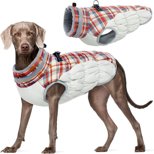 FUAMEY Dog Coat for Large Dogs,Waterproof Dog Winter Jacket with Harness Built in Puppy Cold Weather Coats Reflective Pet Vest with Zipper Warm Fleece Dogs Snowsuit Windproof Red Plaid XXXL