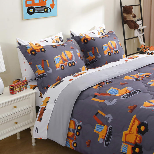 Kids Comforter Set 7 Piece Bedding Cute Car Cartoon Truck Bed Microfiber Comforter Twin Size All Season Excavator Car Truck Printed