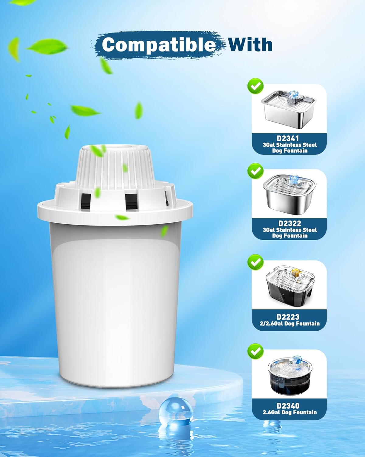 Dog Water Fountain Filters Replacement 4 Packs, 2 Months Set of Replacement Filters for Large Pet Cat Water Fountain Dog Water Bowl Dispenser, Compatible with D2341/D2223/D2322/D2340 Models