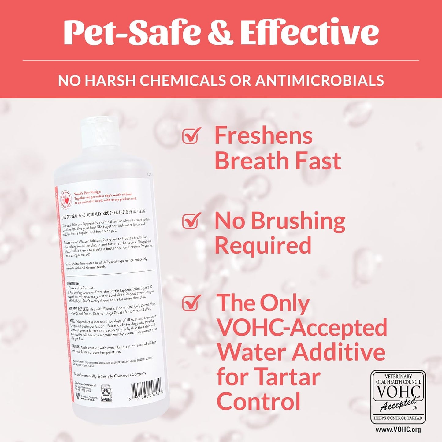 SKOUT'S HONOR Peanut Butter & Bacon Water Additive - VOHC Accepted for Tartar Control, Freshens Breath Fast, No Brushing Required, 32 oz, 2-Pack