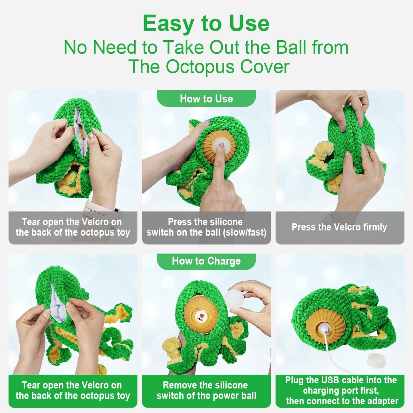 Interactive Dog Toys Octopus,Durable Automatic Jumping Dog Toy to Keep Them Busy,Squeaky Moving Tug of War Doggie Toy,USB Rechargeable,Not for Aggressive Chewers (Green)