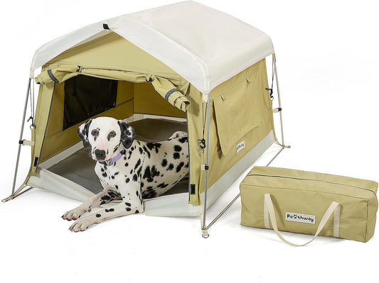 Dog Tent Cotton Fabric, Aluminum Poles and Camping Mat, Outdoor Weatherproof, Dog House Outdoor, Breathable with 2 Side Windows, Portable and Collapsible (Green, Large)