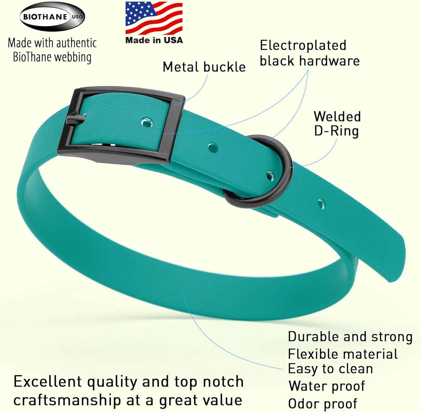 Dogline Biothane Waterproof Dog Collar Strong Coated Nylon Webbing with Black Hardware Odor- Proof for Easy Care Easy to Clean High Performance Fits Small Medium or Large Dogs, Blue Aqua