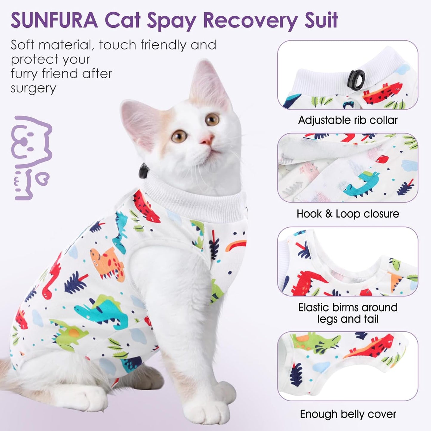 SUNFURA Cat Recovery Suit, Kitten Surgical Full Bodysuit for Abdominal Wound Protector Anti Licking After Surgery, Professional Bandages Cone E-Collar Alternative for Small Male & Female Pets