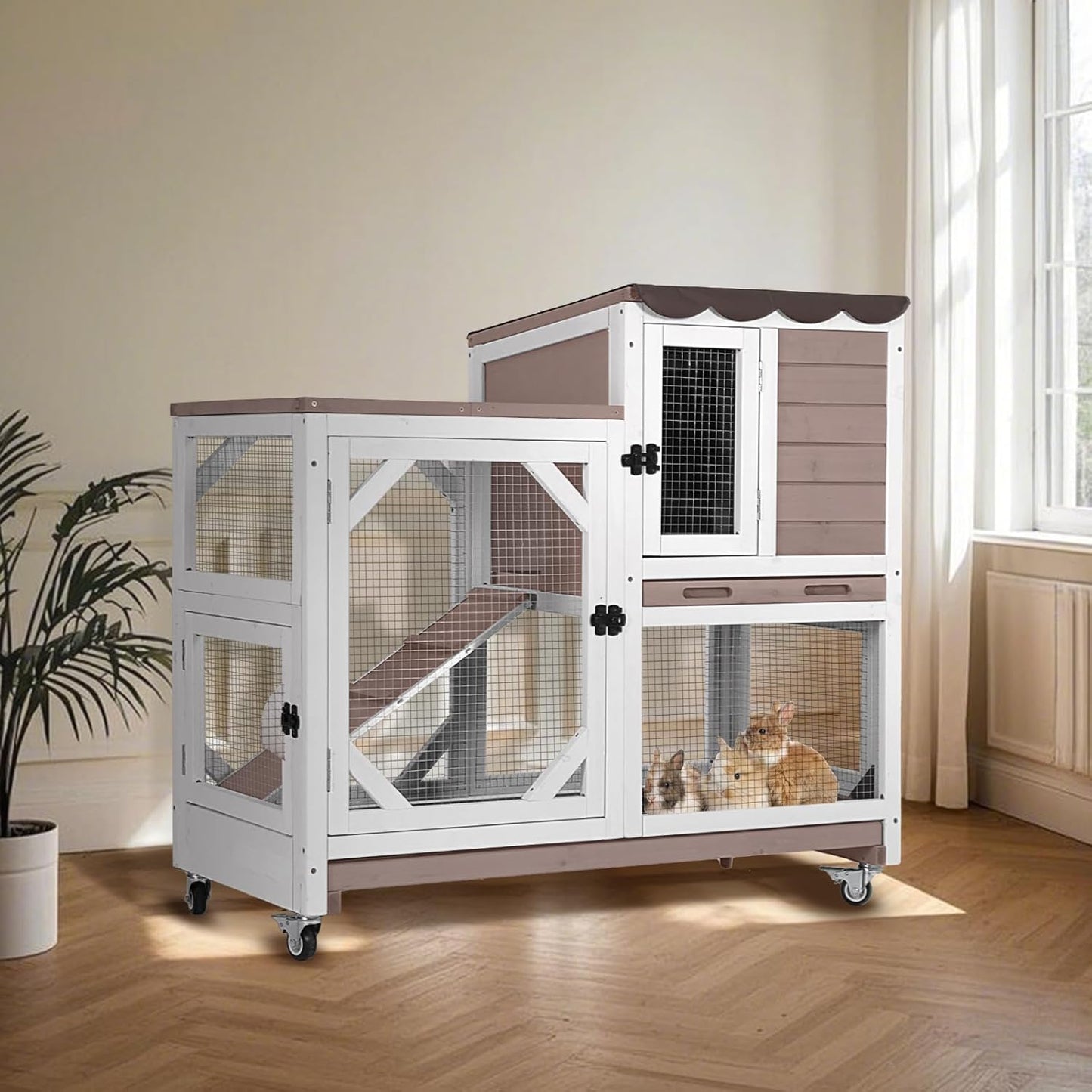 Rabbit Hutch Indoor for 2-4 Rabbits & Guinea Pigs，Bunny Cage with Slide-Out Plastic Trays，Wooden Small Animal Cage for Rabbits, Bunnies, and Guinea Pigs