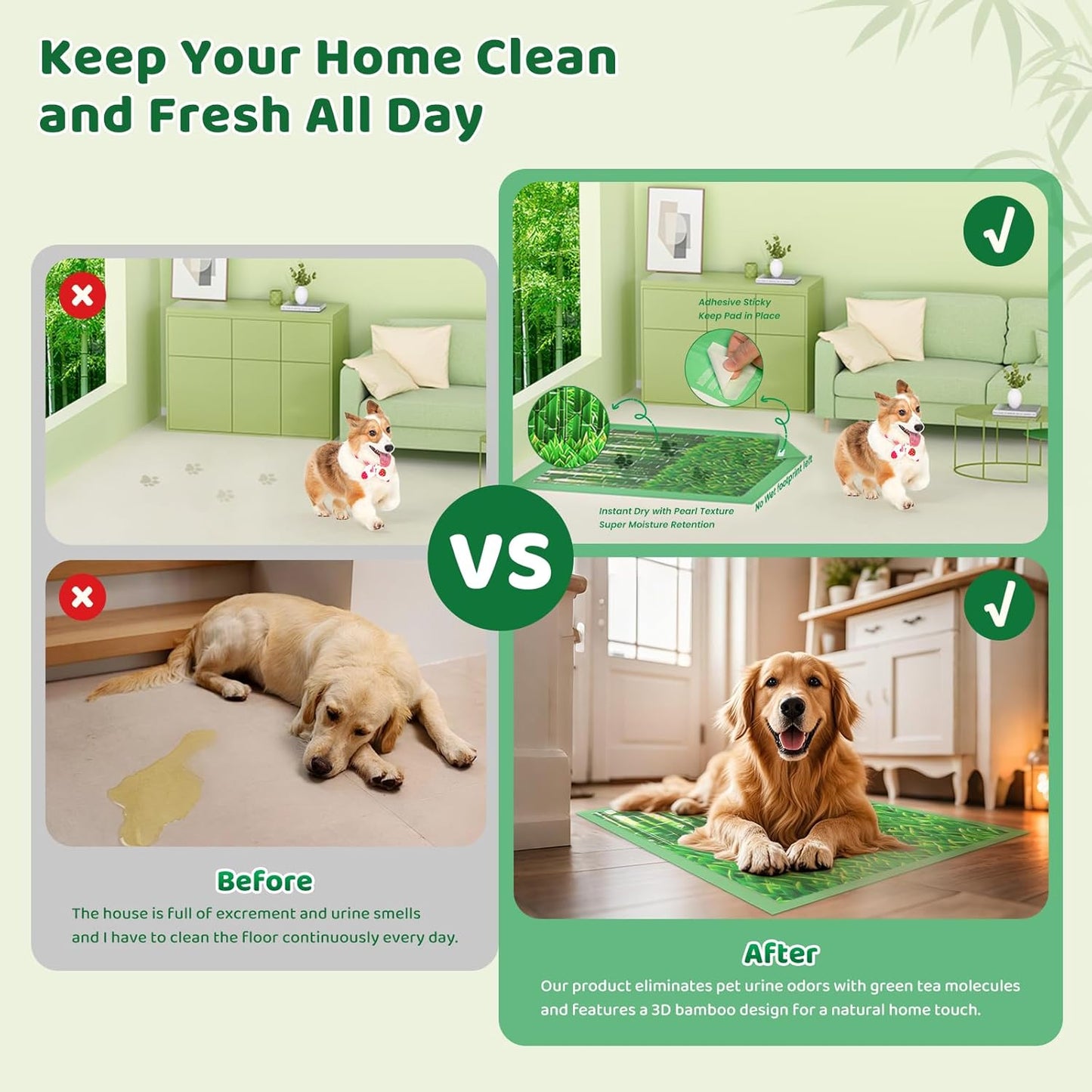 Puppy Pads XL 60 Count - 28"x34" Extra Large Pee Pads for Dogs Odor Blocking, Leak-Proof Potty Training Pad Super Absorbent, 6-Layer Leak-Bamboo Patterns Dog Pads