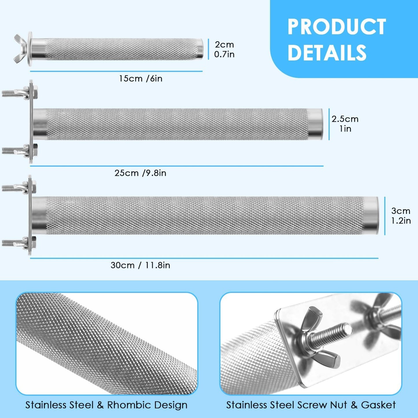 KATUMO Bird Perch - Stainless Steel - Rough Surface Stand for Small to Medium Parrots (9.8 x 1.0 inch)