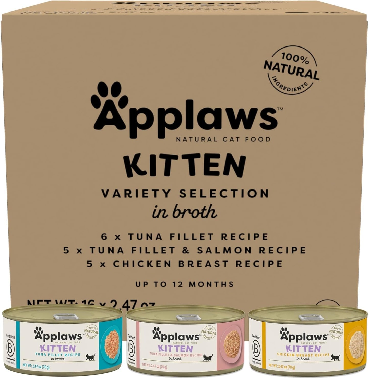 Applaws Natural Wet Cat Food in Broth, Limited Ingredient Canned Wet Cat Food, No Additives, Made with Natural Ingredients, Kitten Variety in Broth Cans (16 x 2.47oz Cans)
