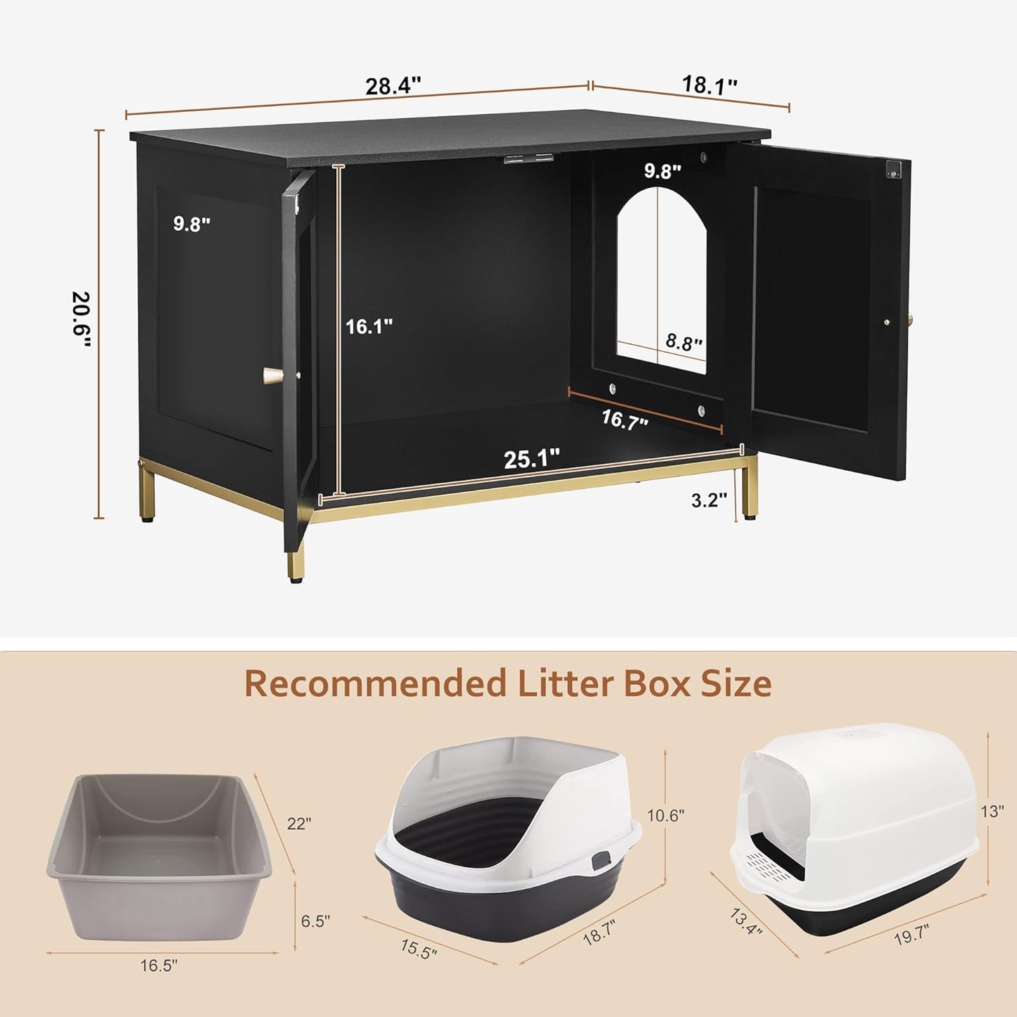 Homhedy Cat Litter Box Enclosure, Cat Washroom Furniture with Metal Frame, Pet House, Fit Most of Litter Box, Modern Style, Black and Gold