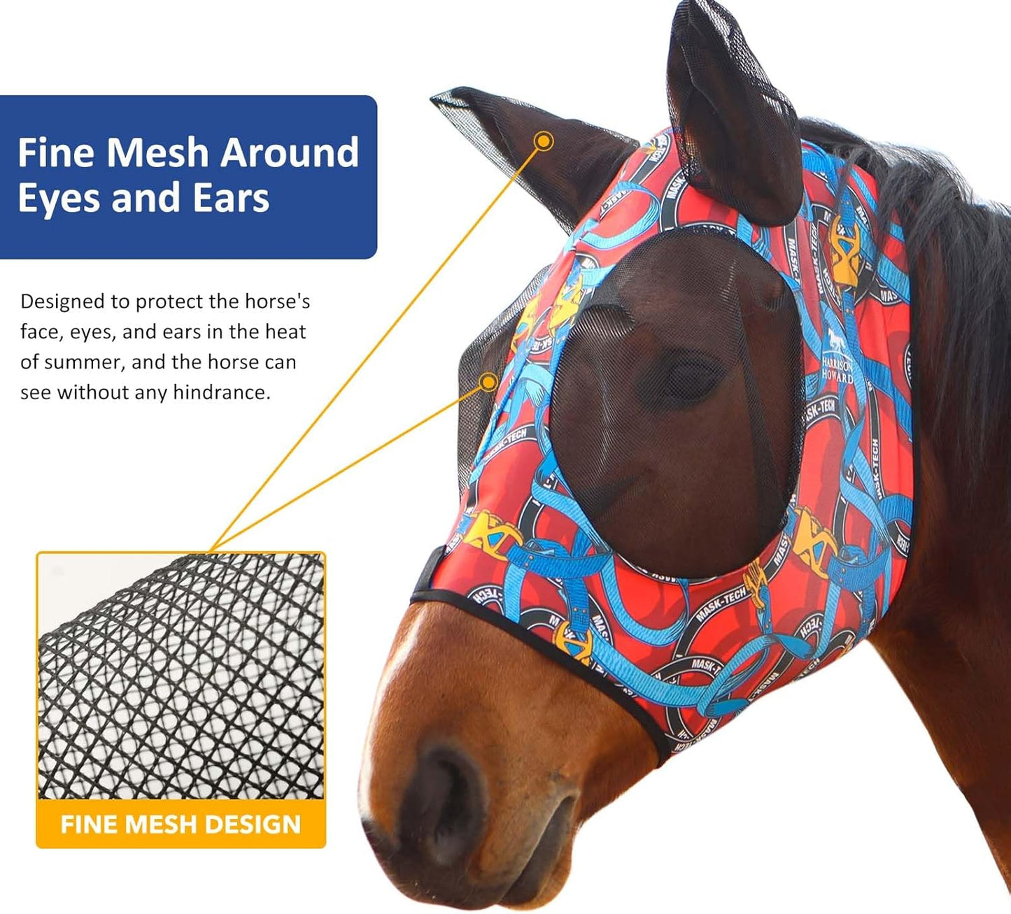 Harrison Howard Super Comfort Stretchy Fitting Horse Fly Mask with UV Protection Soft on Skin with Breathability Knitted Printing Medium
