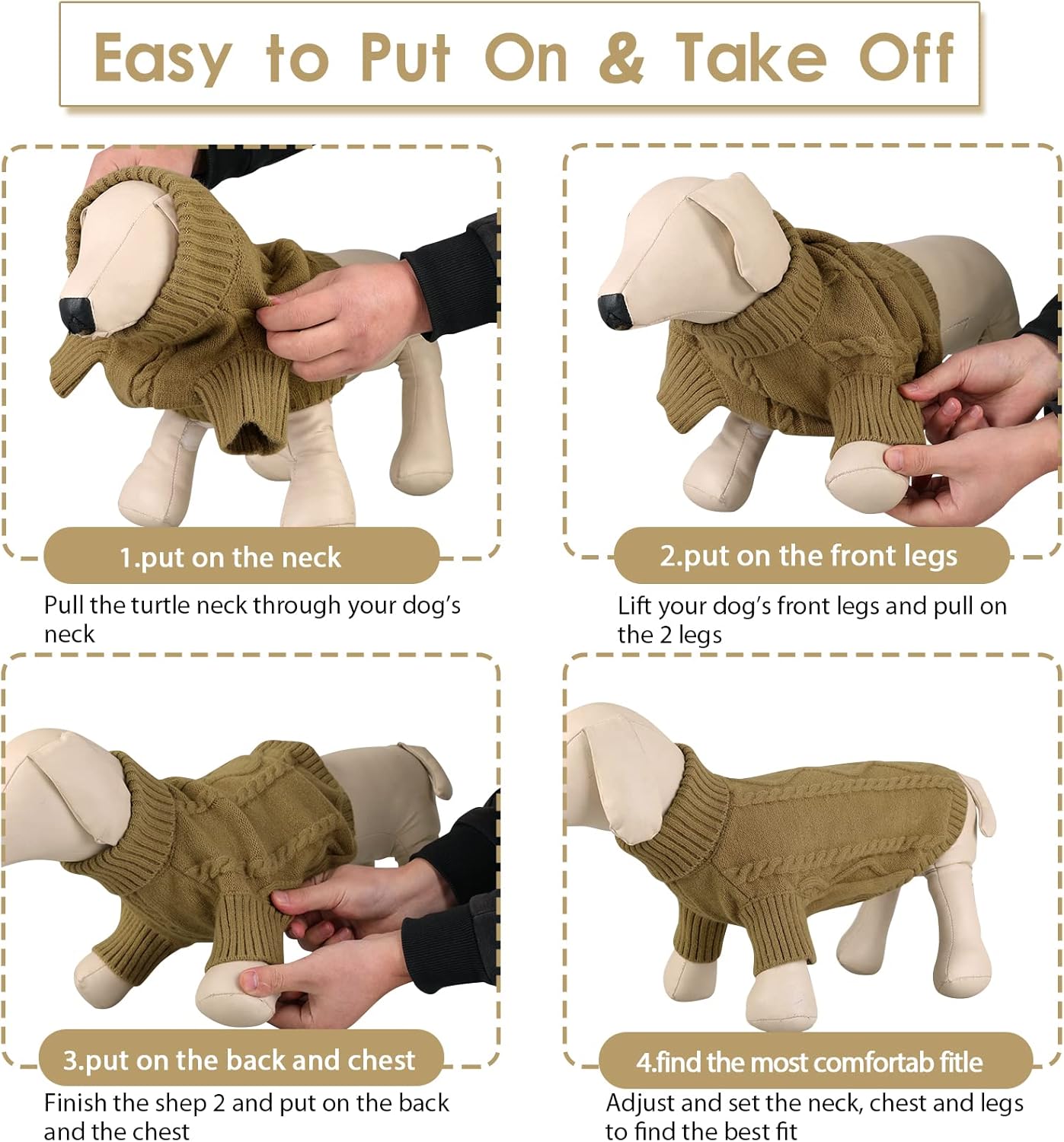 Queenmore Small Dog Pullover Sweater, Cold Weather Cable Knitwear, Classic Turtleneck Thick Warm Clothes for Chihuahua, Bulldog, Dachshund, Pug (Light Brown, X-Small)
