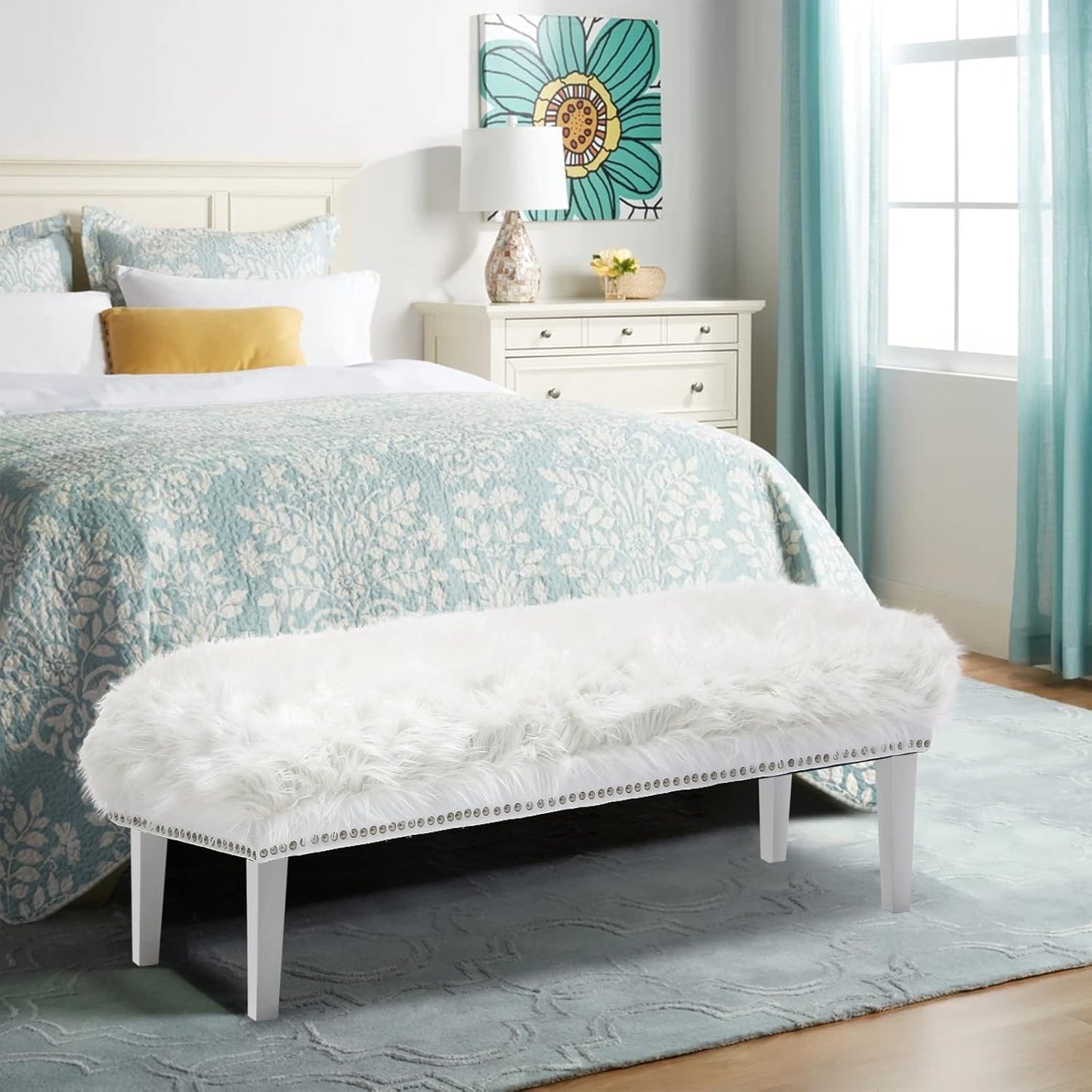 46 Inch White Bedroom Bench, Modern Multi-Purpose Bench with Wooden Legs, White Faux Fur Upholstered Bench for Bedroom, Living Room, or Entryway