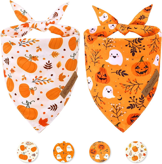2 Pack Halloween Dog Bandanas,Leather Brand Logo, Double-Layed Soft Skin-Friendly Fabric, Autumn Scarf Accessory for Boys & Girls,Suitable for Halloween, Daily Walks & Family Outings