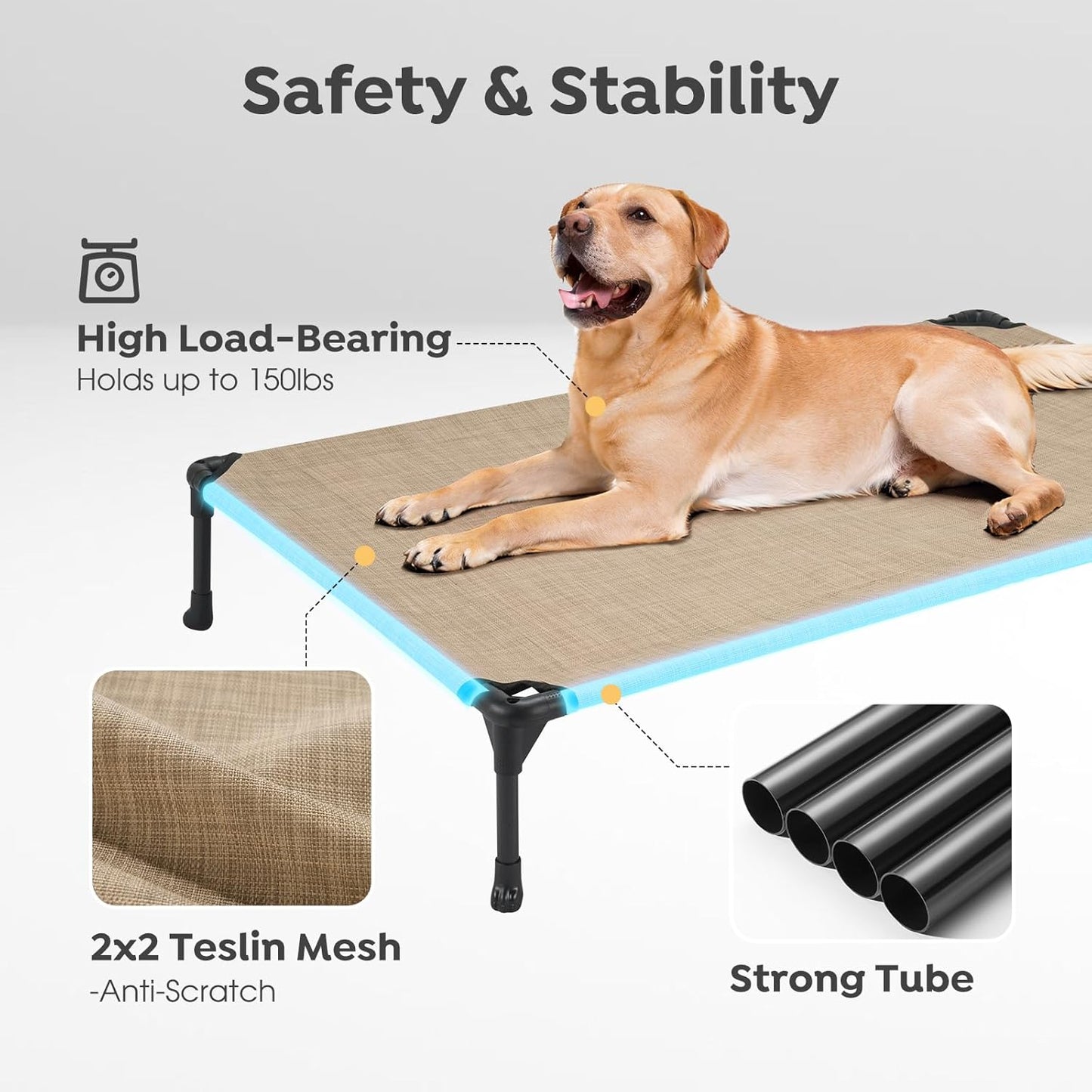 Veehoo 2 Pack Raised Dog Bed, Cooling Elevated Dog Bed, Portable Pet Cot with Washable & Breathable Mesh, No-Slip Feet, Durable Dog Cots Beds for Large Dogs, 42" x 30", Beige Coffee, CWC1803-L