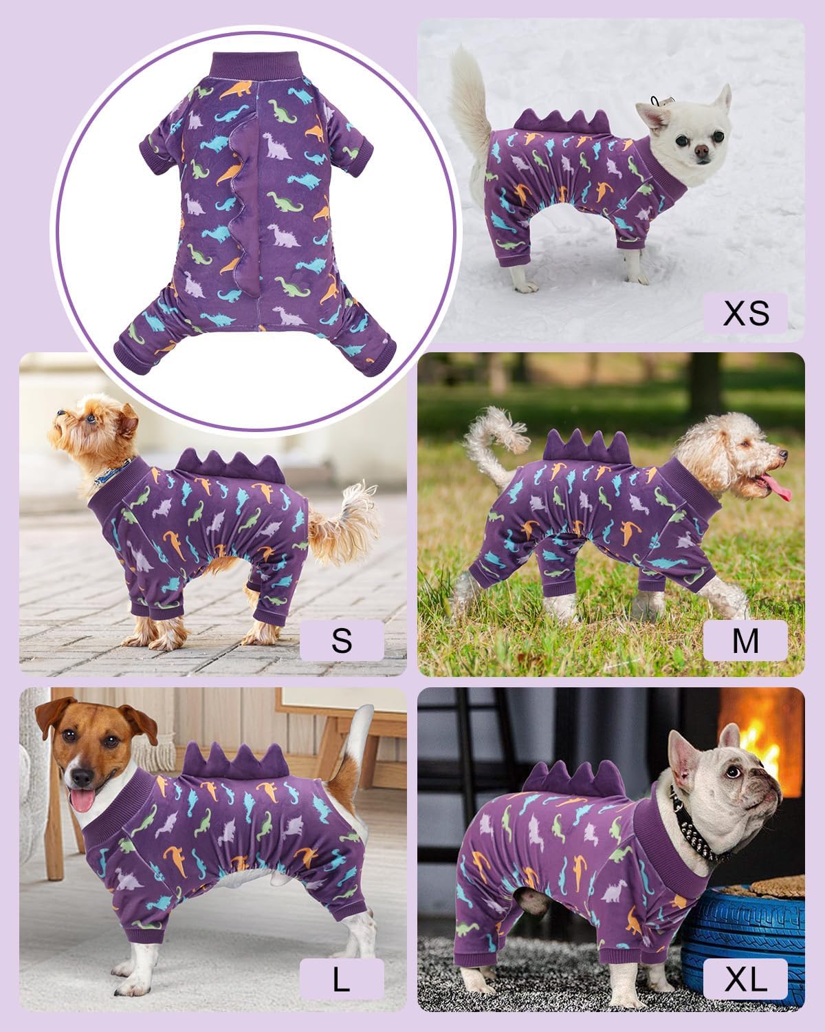 CuteBone Dinosaur Costume Dog Pajamas, Stretchy Spandex Crystal Velvet Sleepwear Coat for Small Dogs, Soft & Warm Pet Outfit Clothes for Cold Weather, Cozy Pullover Design COSP04XL