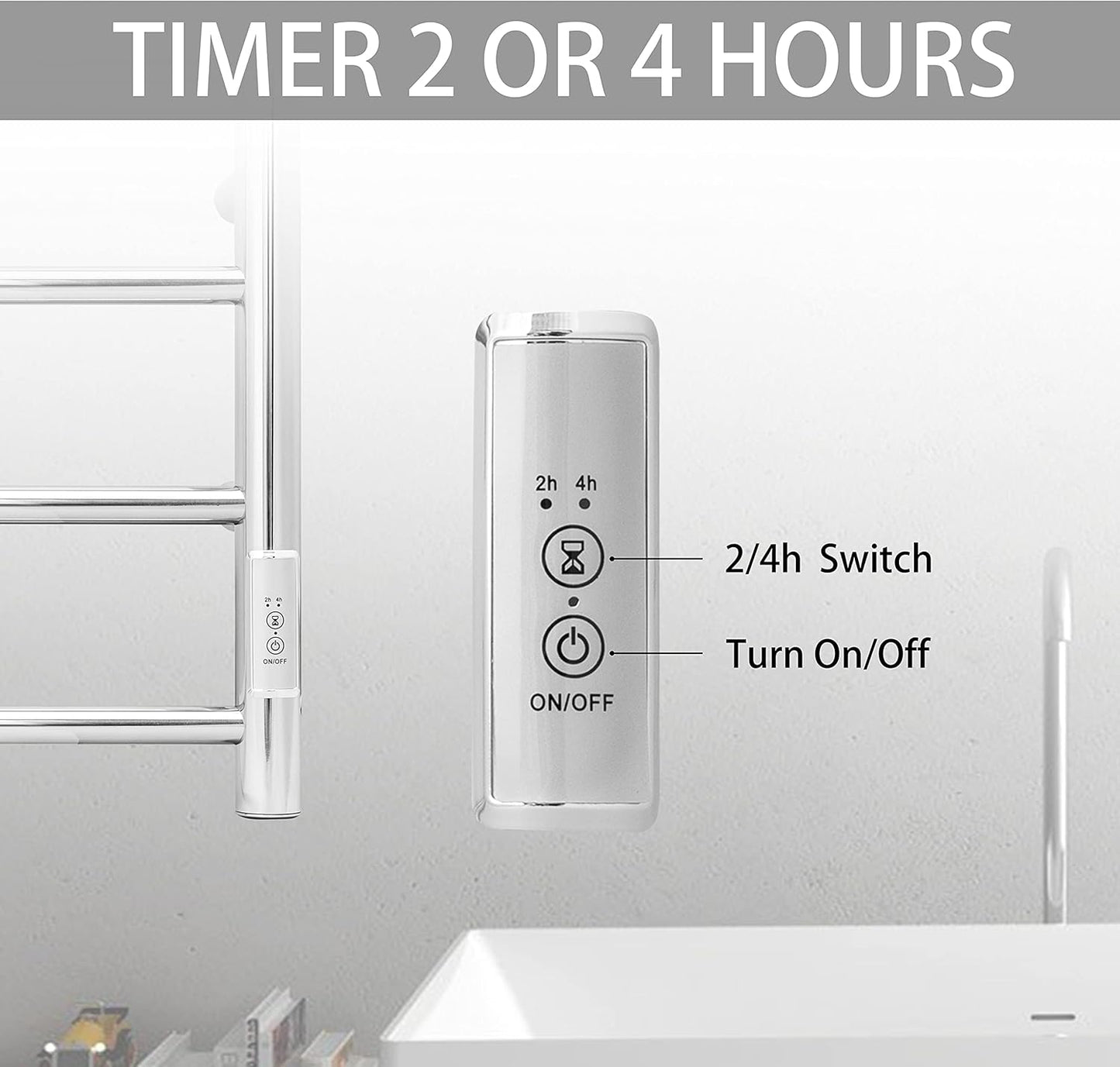 KEG Towel Warmer Wall Mounted with Built-in Timer 4 Bars Electric Stainless Steel Heated Towel Racks for Bathroom, Hot Plug-in Bath Towel Heater Polish Chrome