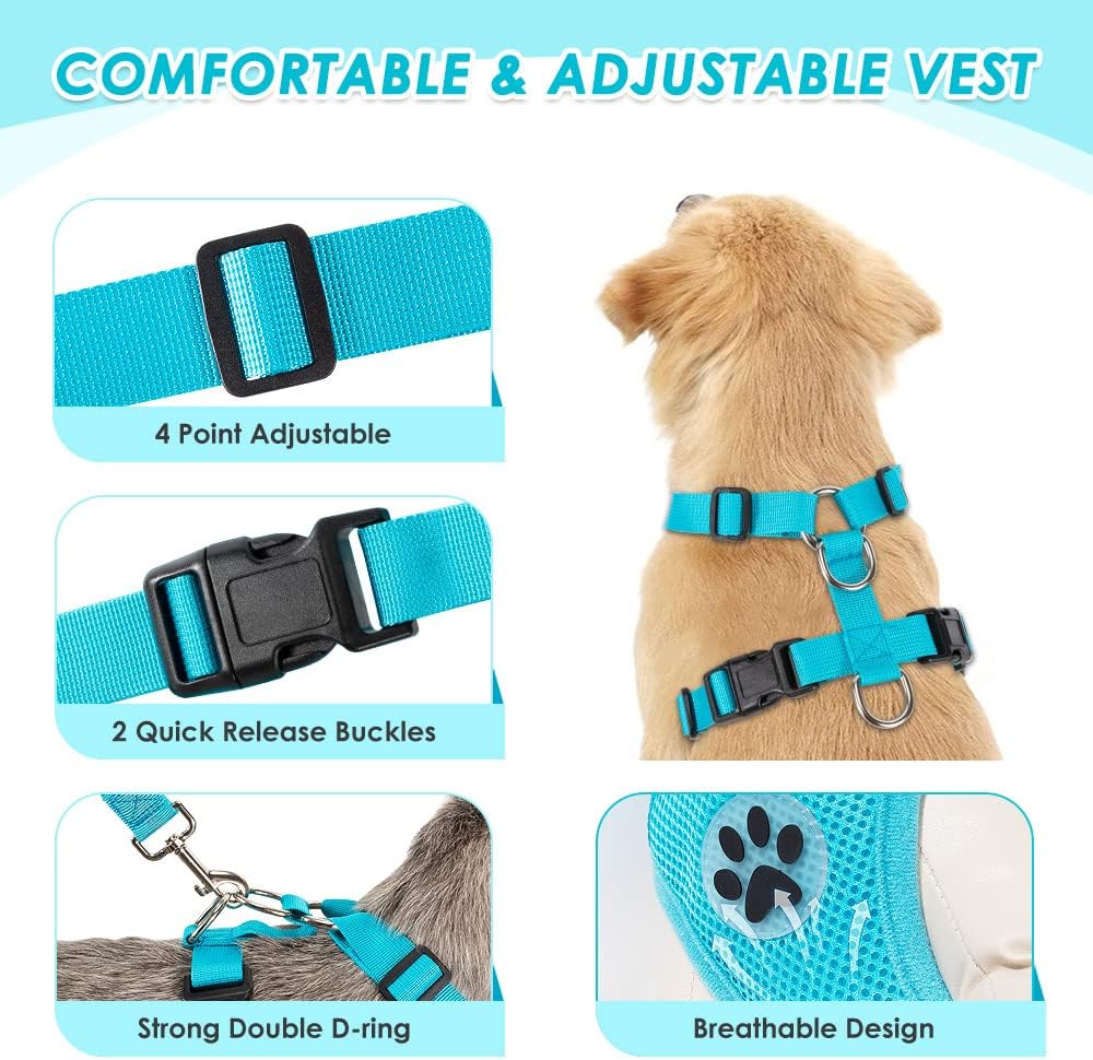 Lukovee Dog Seat Belt for Car, Adjustable Dog Car Harness for Large Medium Small Dogs, Soft Padded & Breathable Mesh Dog Seatbelt with Car Strap and Carabiner(Light Blue Double Clip,Large)