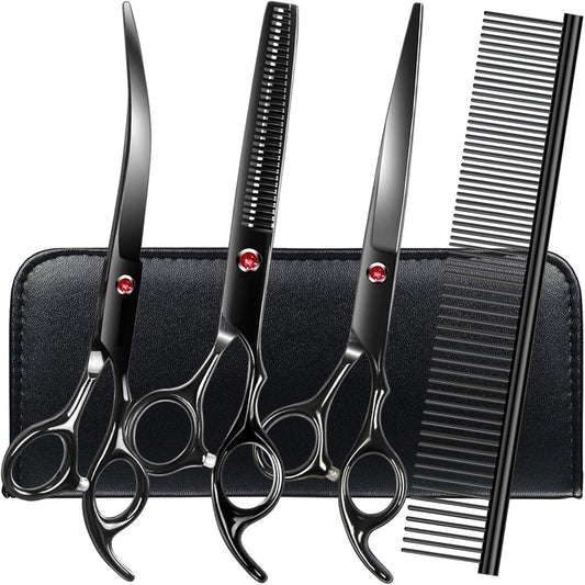 Professional Dog Grooming Scissors Set Stainless Steel Dog Grooming Kit - Thinning, Curved Scissors and Comb for Cat Pet (Black 5 in1)
