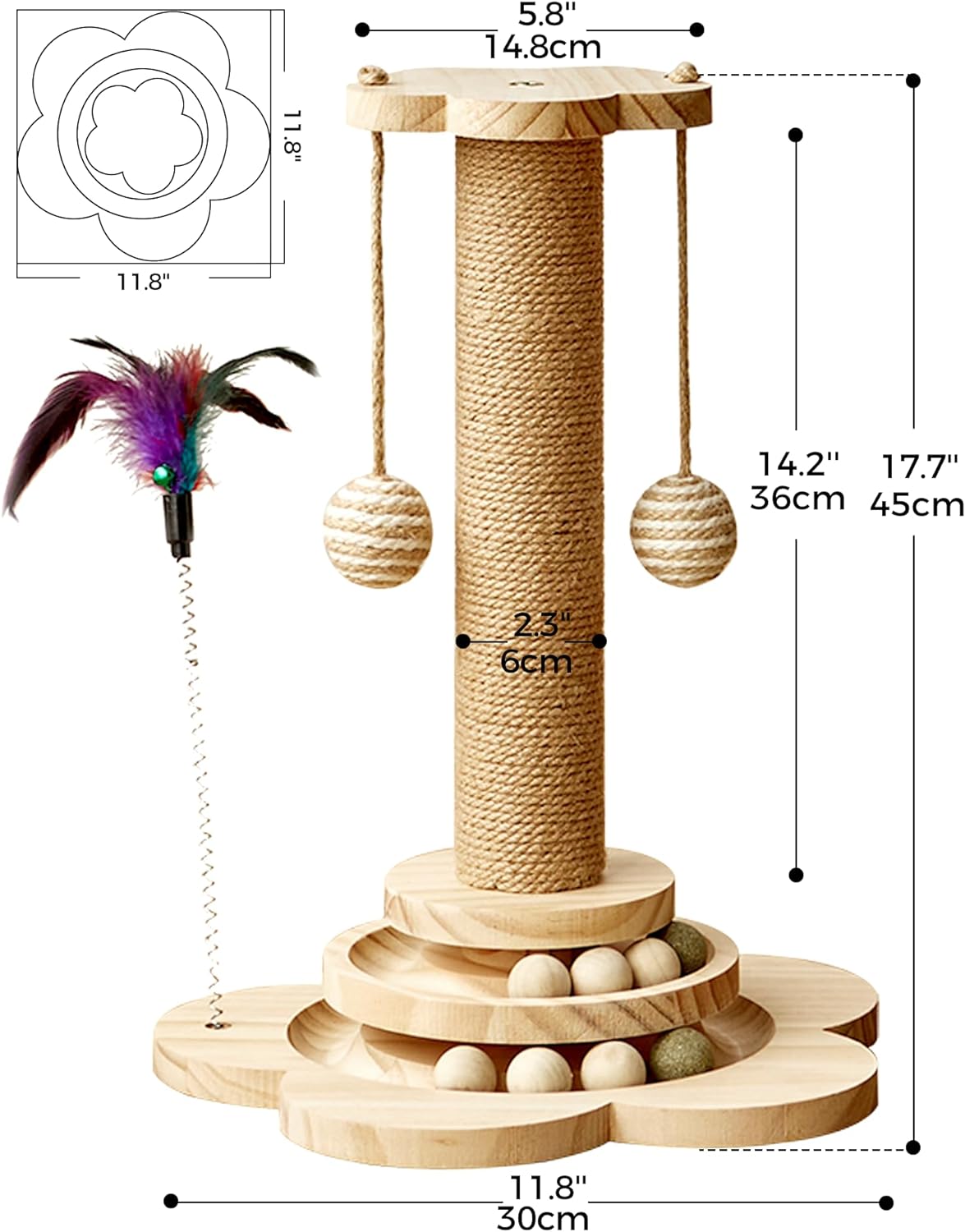 Cat Scratching Post, 4 in 1 Wooden Cat Scratcher Toy, 17.7" Tall Scratch Post with 2 Level Cat Track Balls, Interactive Feather Toy and 2 Sisal Hanging Balls for Indoor Kittens, Adult Cats