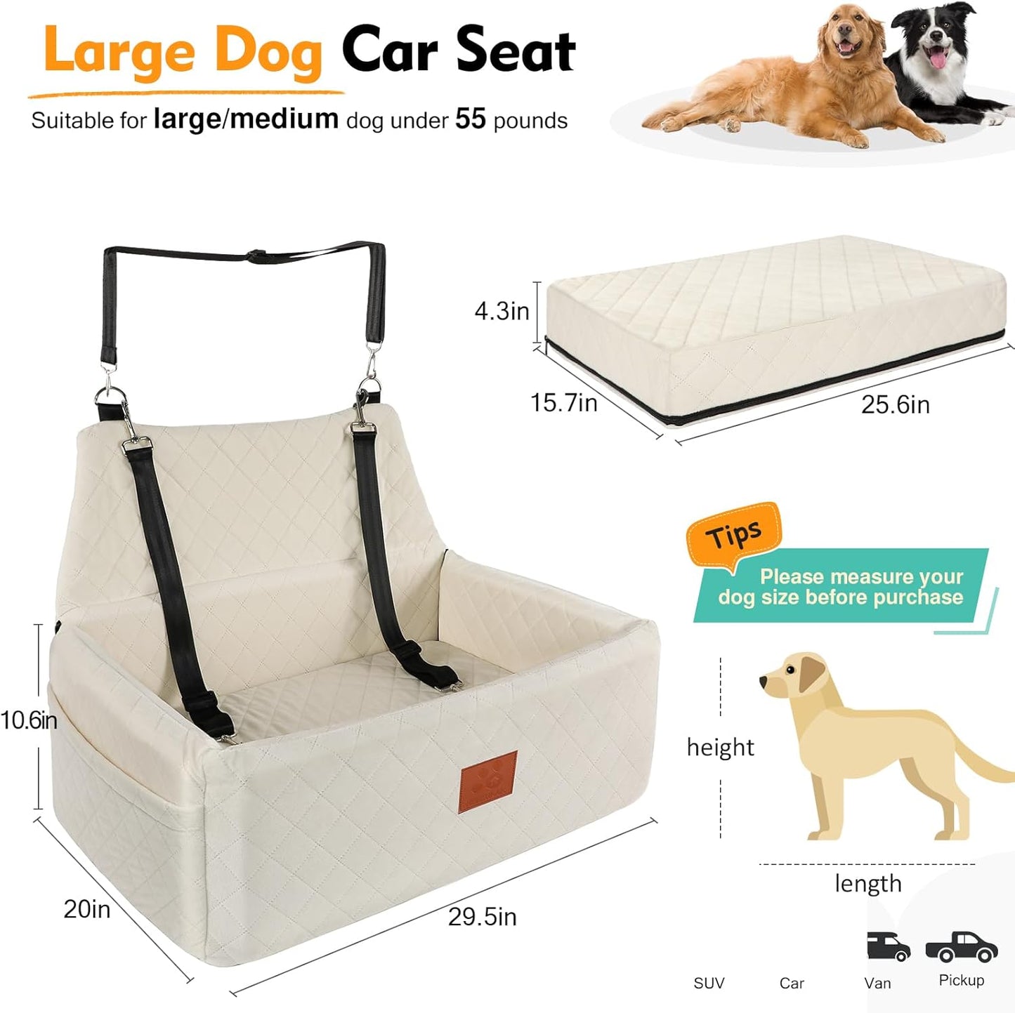 Dog Car Seat for Large Medium Dogs,Washable Pet Carseat Under 55 lbs or 2 Small Dogs,Dog Booster Seat Travel Bed with Thick Cushion,2 Safety Leashes