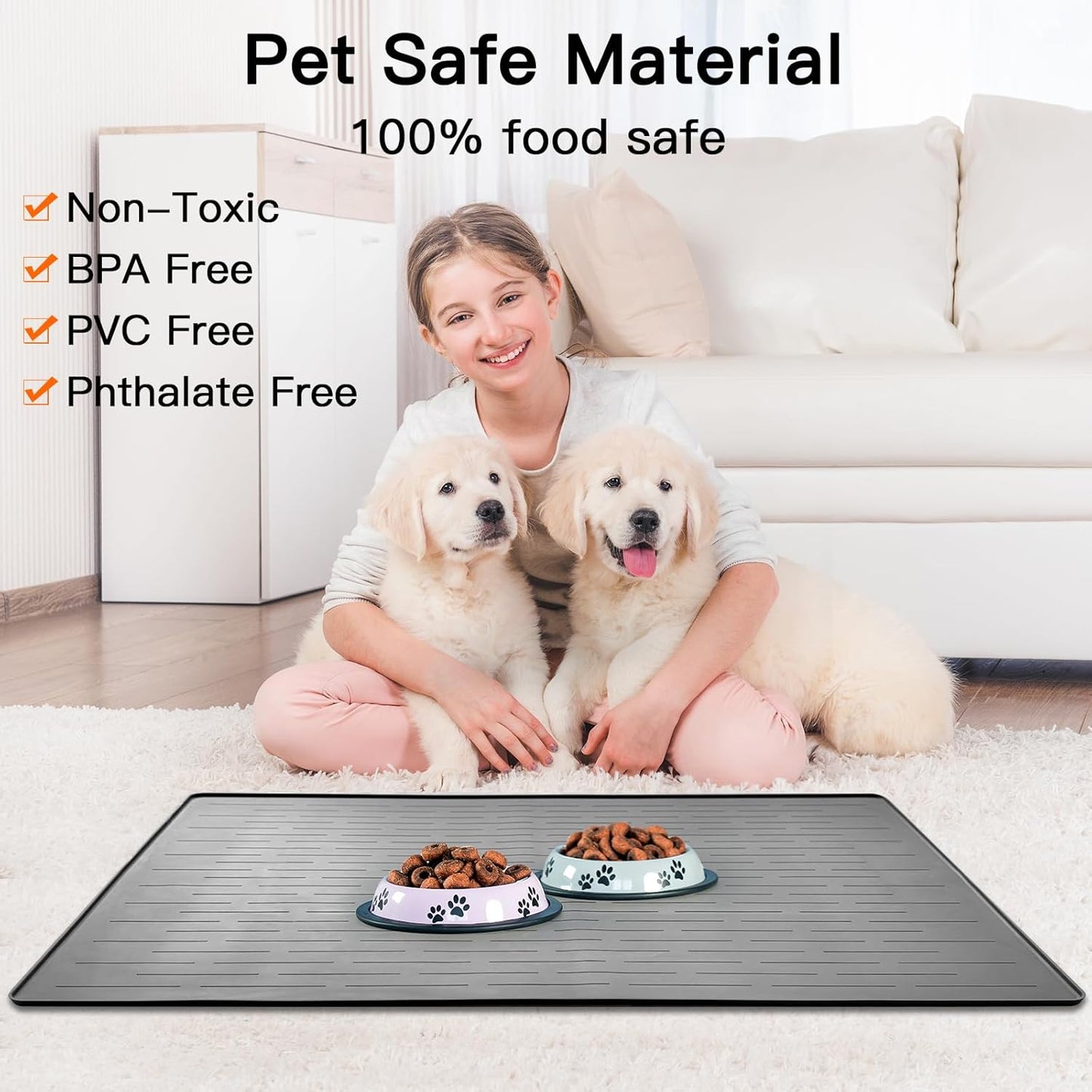39.4"x29.5" Largest Pet Food Mat, Silicone Dog Mats for Food and Water, Nonslip Pet Feeding Mats for Floors,Dog Cat Bowl Mat with Raised Edges, Gray White