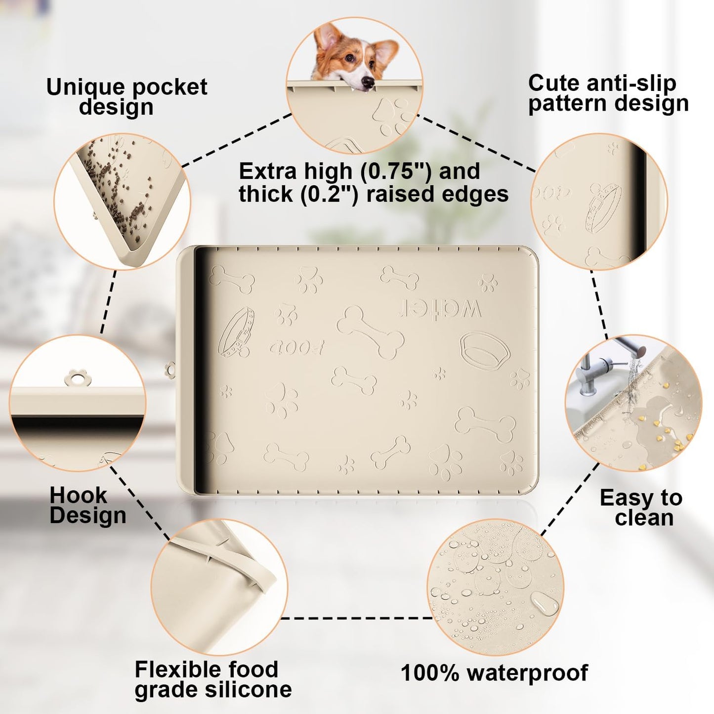 Silicone Dog Feeding Mat - 36" x 24" Large Pet Mat with Residue Collection Pocket and High Edges - Waterproof Mat for Dog and Cat Bowls