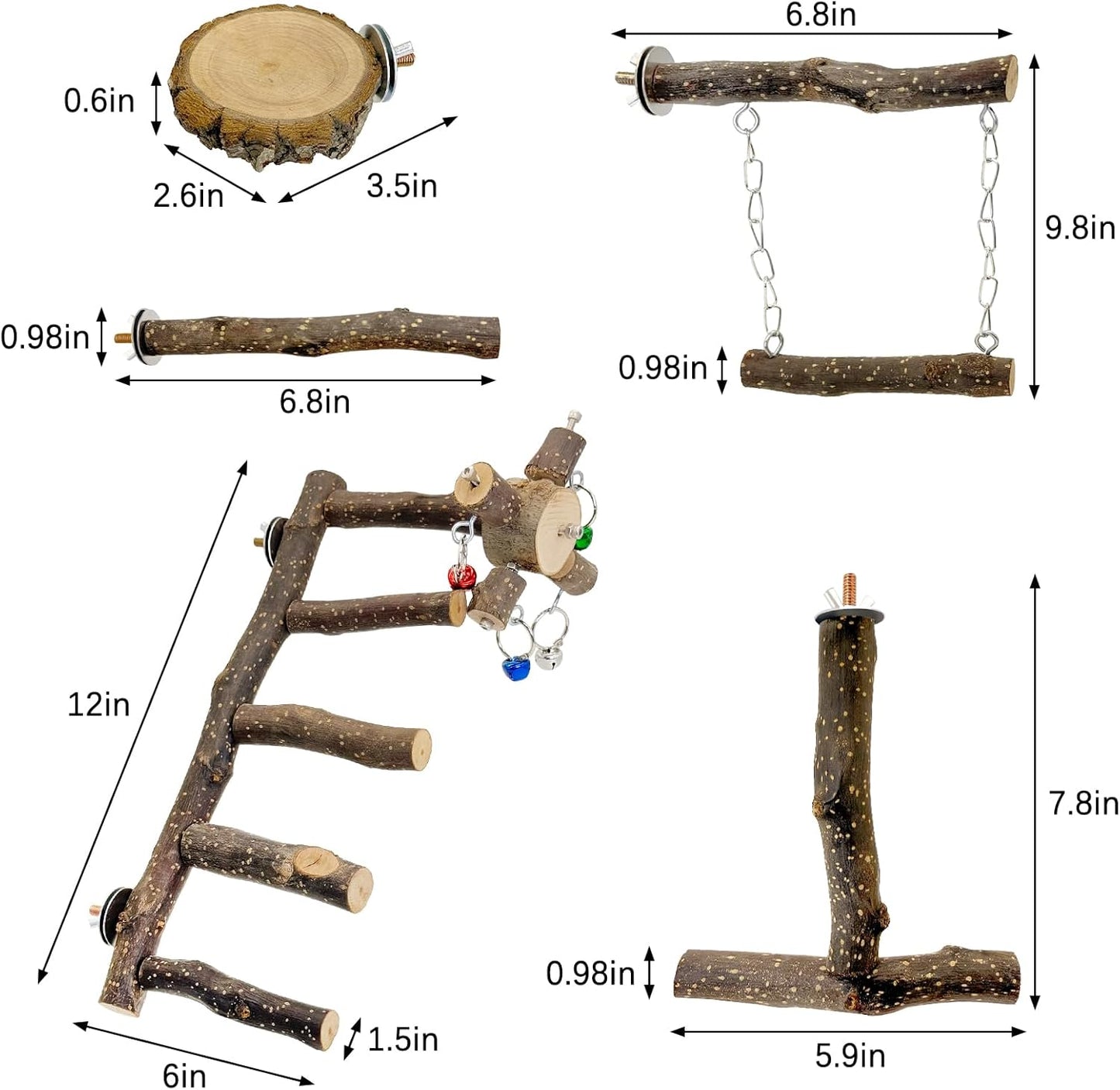 BNOSDM Natural Wood Bird Ladder Perch 6Pcs Parrot Stand Branches Climbing Chewing Stick Parakeet Swing Toys Cage Accessories Paw Grinding Fork Sets for Lovebirds Cockatiels Conure Budgies