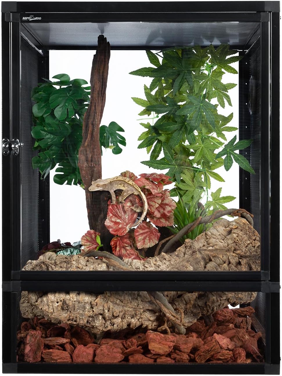 REPTI ZOO 18" x 18" x 24" Front Opening Chameleon Cage with 3-Sided Metal Mesh, 34 Gallon Screen Vertical Terrarium with Background Sticker, Tall Enclosure for Chameleon, Tree Frog, Arboreal Reptiles