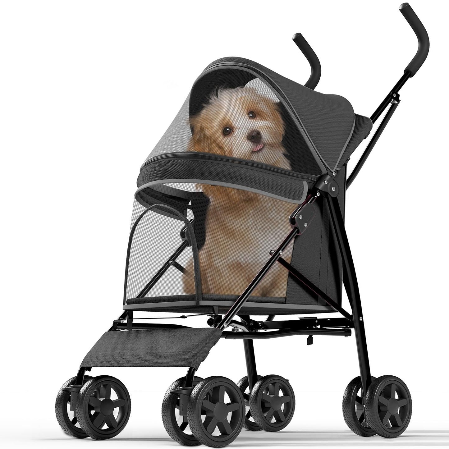 Pet Stroller with 4 Wheels for Small/Medium Pets, Portable Travel Foldable Carrier Jogger for Dog Cat Puppy Kitty, Rear Wheel Breaks, Storage Basket, Visible Mesh with Weather Cover (Black)