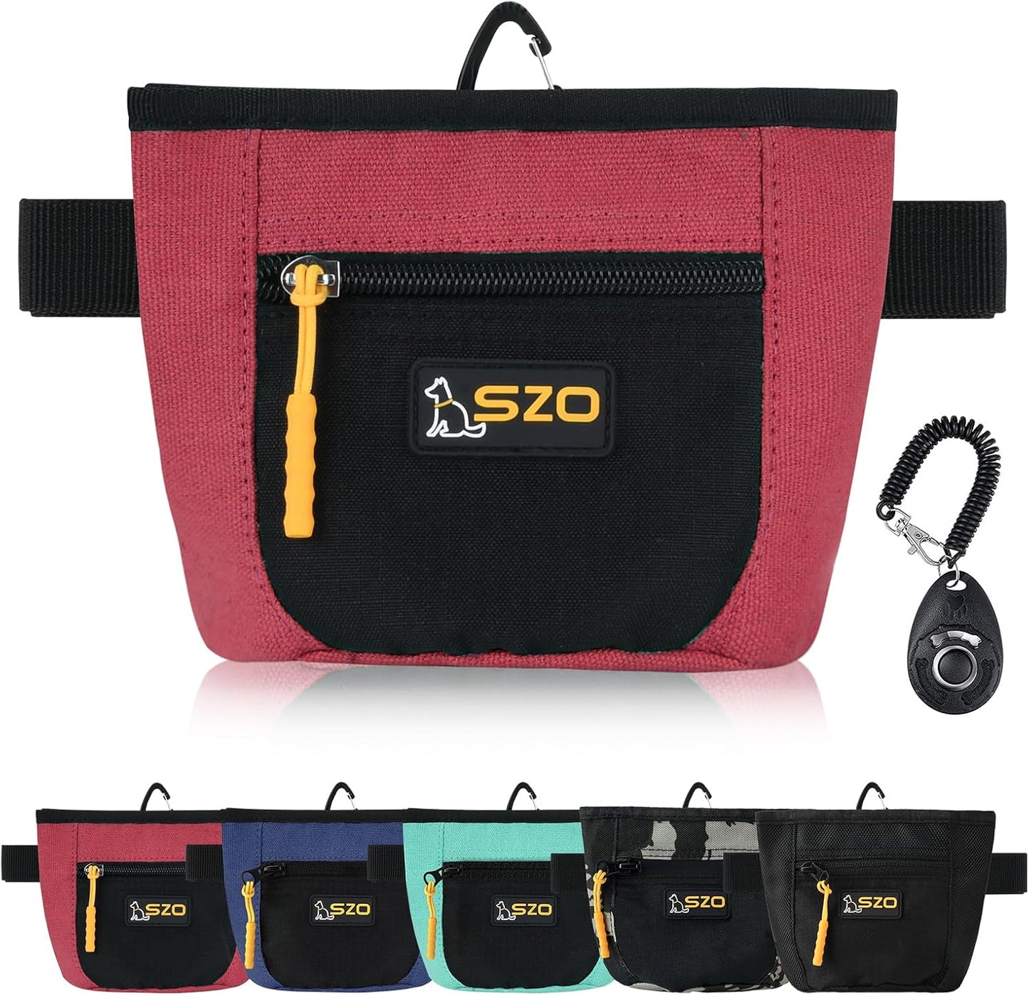 SZO Dog Treat Pouch with Pet Training Clicker, Dog Training Treat Pouch with Waist Belt Clip, Magnetic Closure, Hands-Free Training - Black&Red