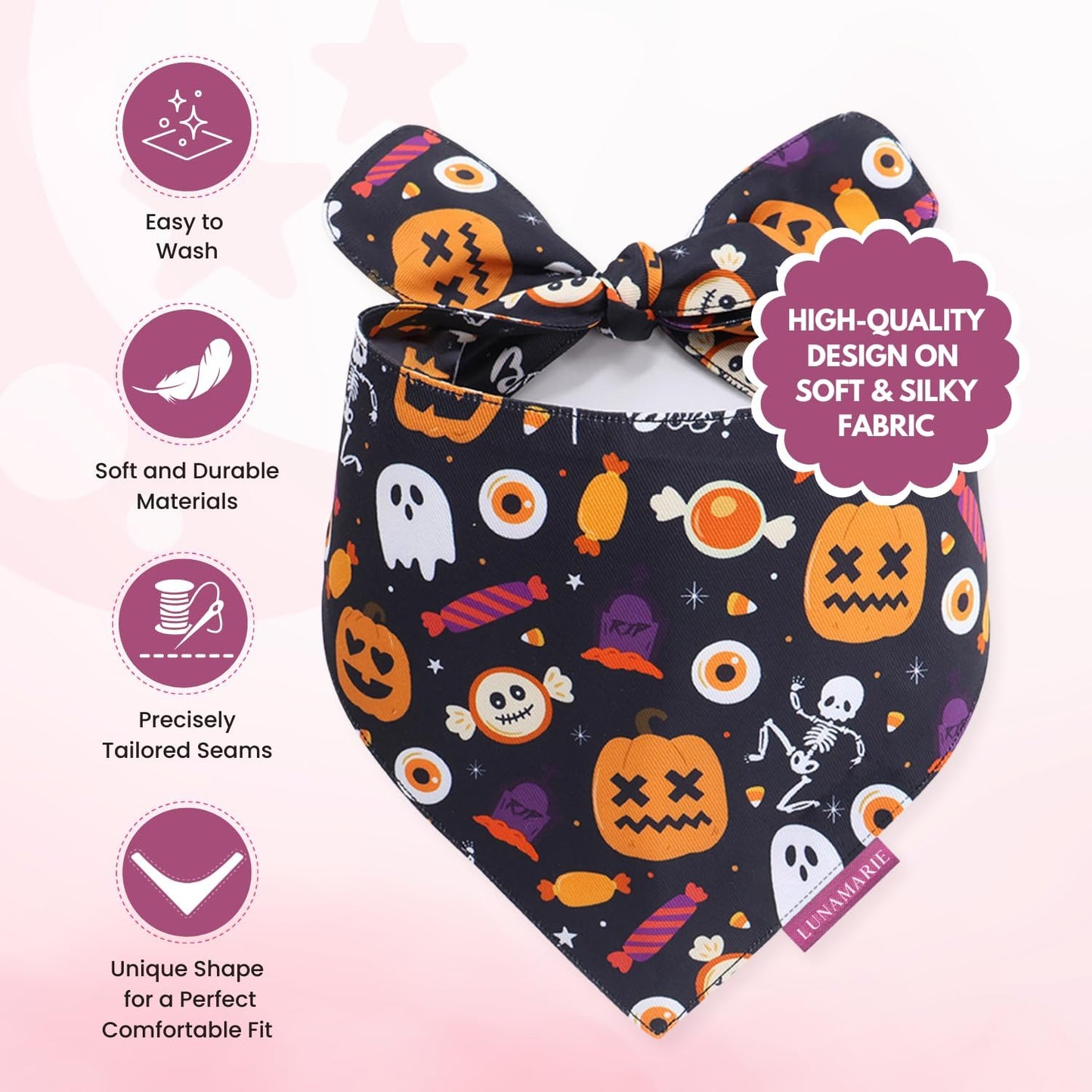 LunaMarie - Luxury Cat and Dog Bandanas - Halloween Designs | Premium Silky Poly Fabric | 100% Handmade Custom Shape Dual Layered Small, Medium, Large Cat Scarf (Trick-Or-Treat, Small)